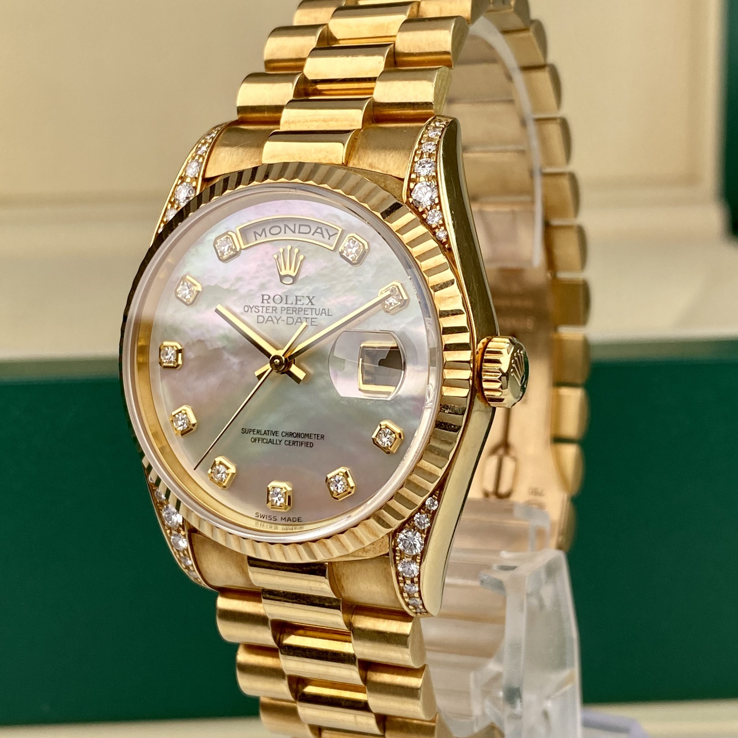 1996 Rolex Day-Date 18338 President Unpolished Yellow Gold with Factory MOP Diamonds Dial & Factory Diamonds Lugs