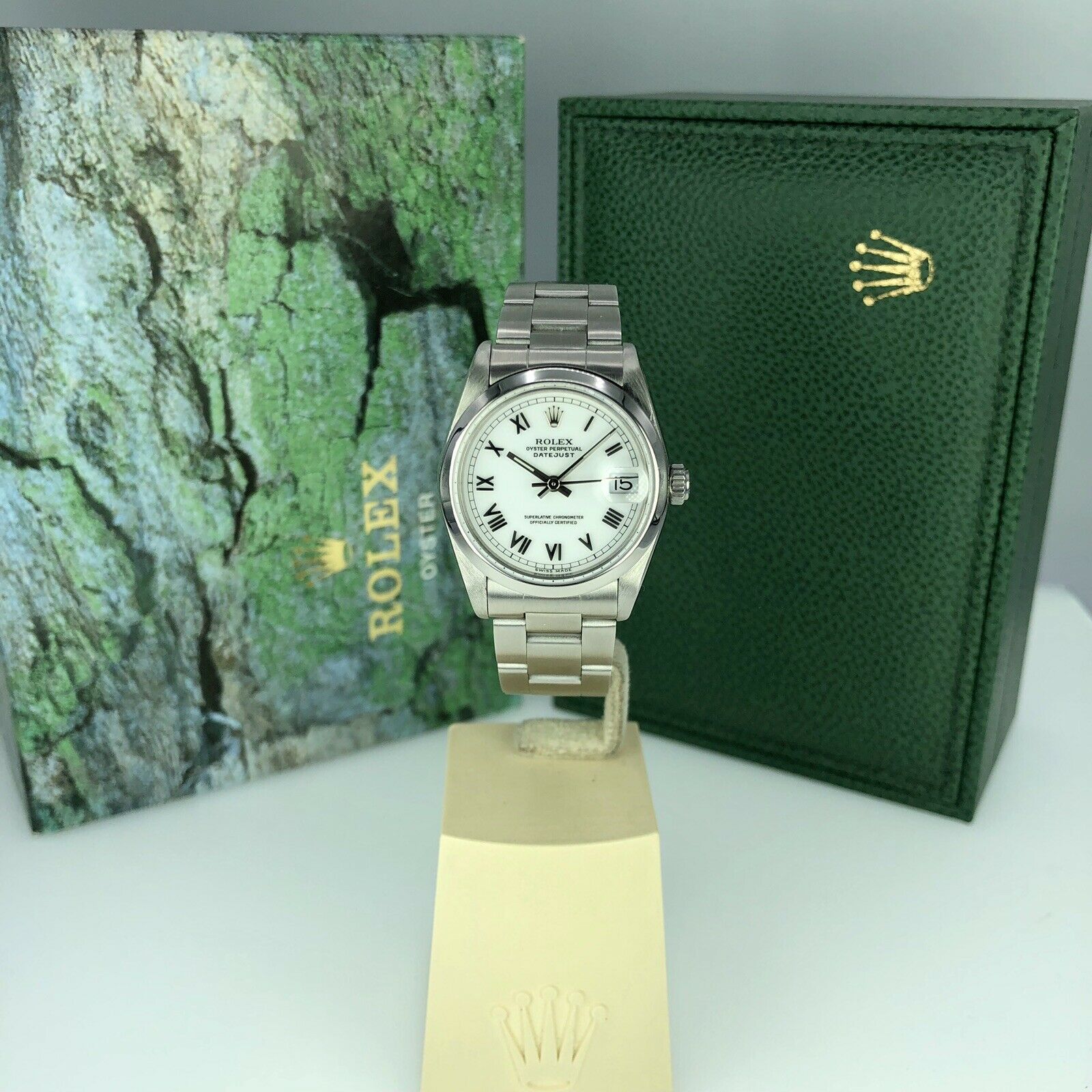 1998 Rolex Datejust 68240 Mid Size Factory White Roman Dial 31mm With Box
