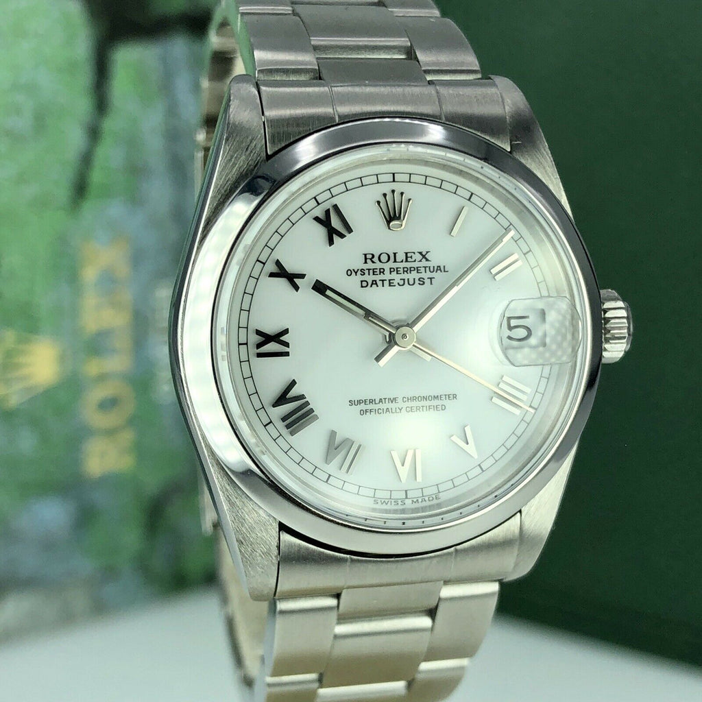 1998 Rolex Datejust 68240 Mid Size Factory White Roman Dial 31mm With Box