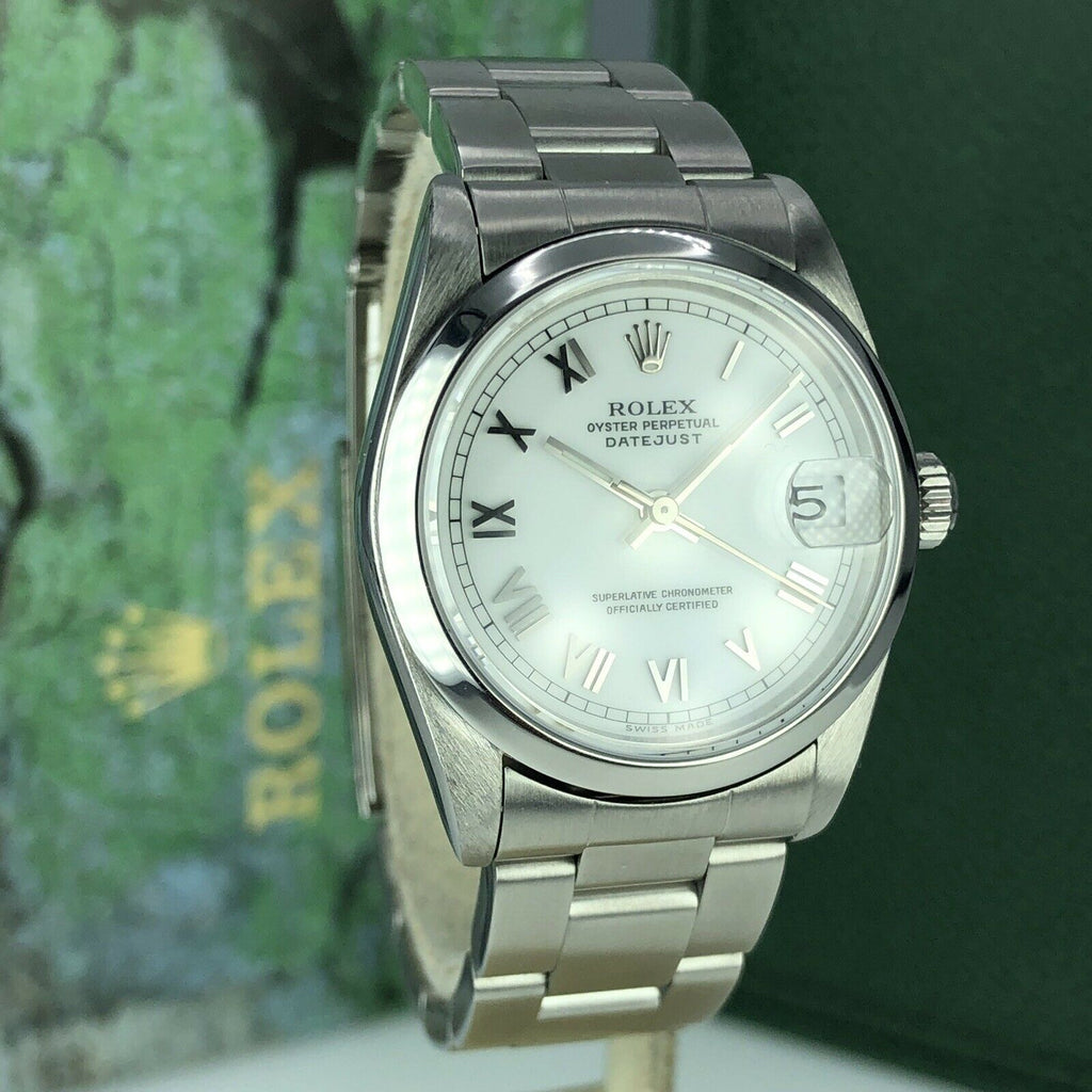 1998 Rolex Datejust 68240 Mid Size Factory White Roman Dial 31mm With Box