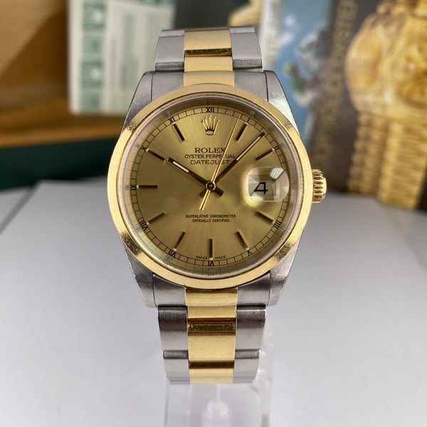 1999 Rolex Datejust 16203 Steel & Gold Oyster 36mm Unpolished complete set box & papers