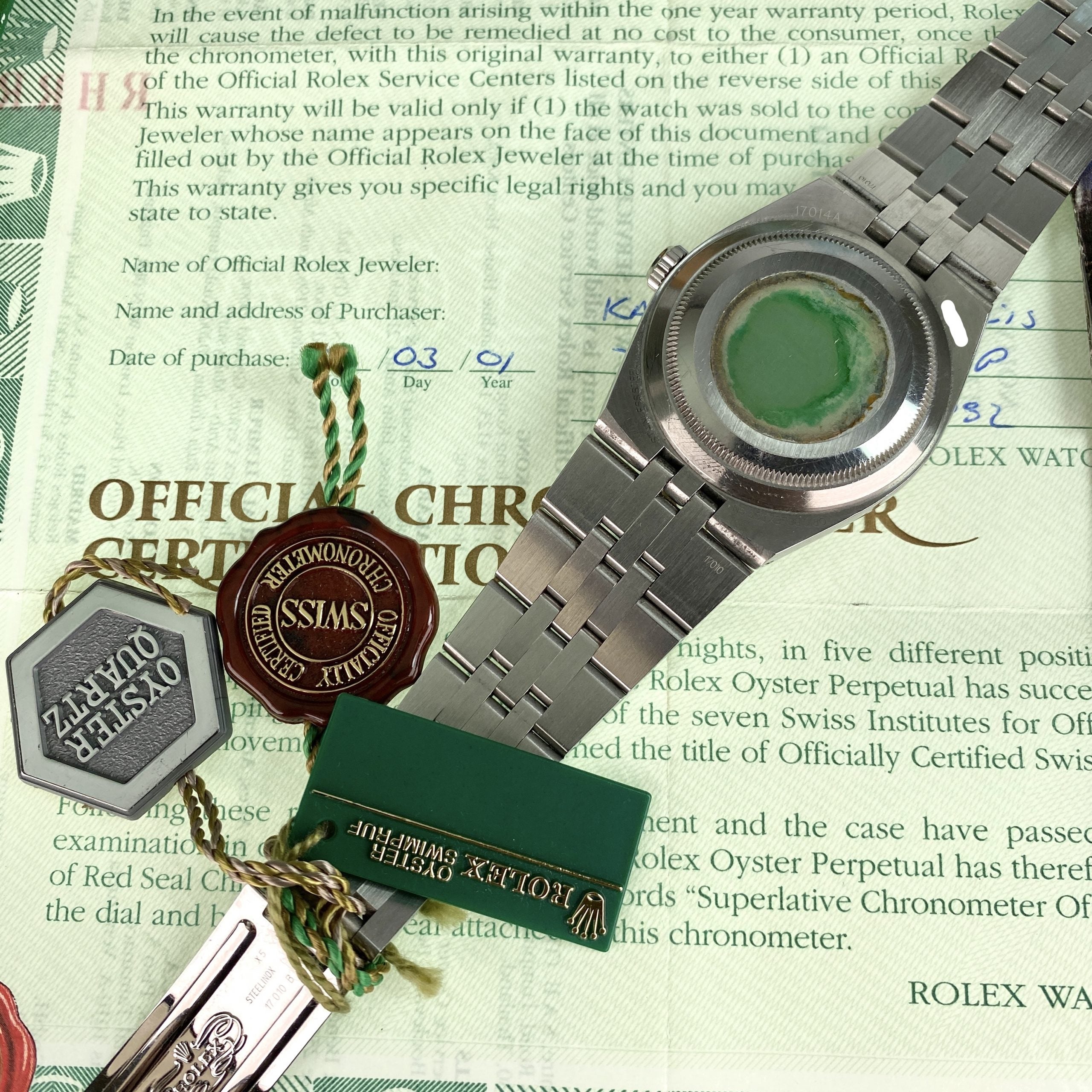 1999 Rolex Datejust Oysterquartz 17014 Unpolished complete collector set box & papers