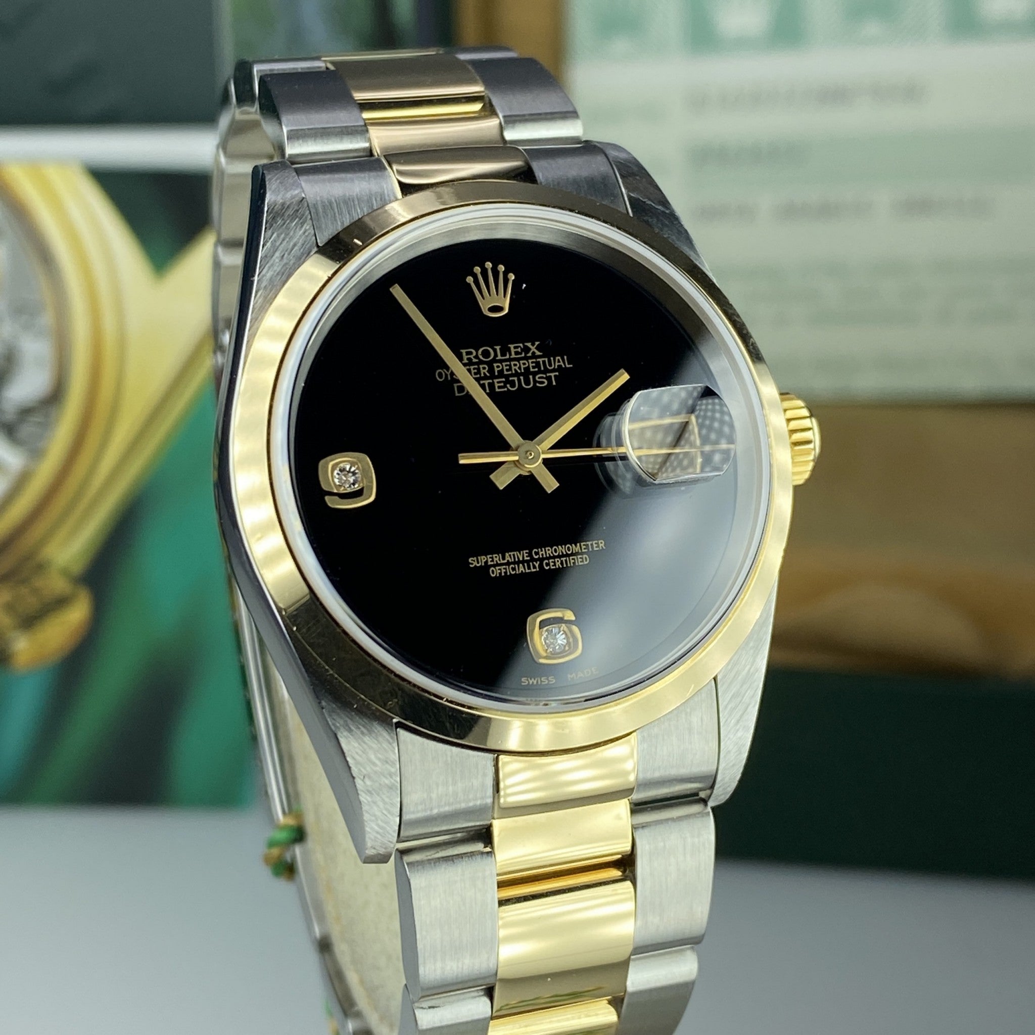 2000 NOS Rolex Datejust 16203 with Black Onyx Diamonds Dial with Box & Papers