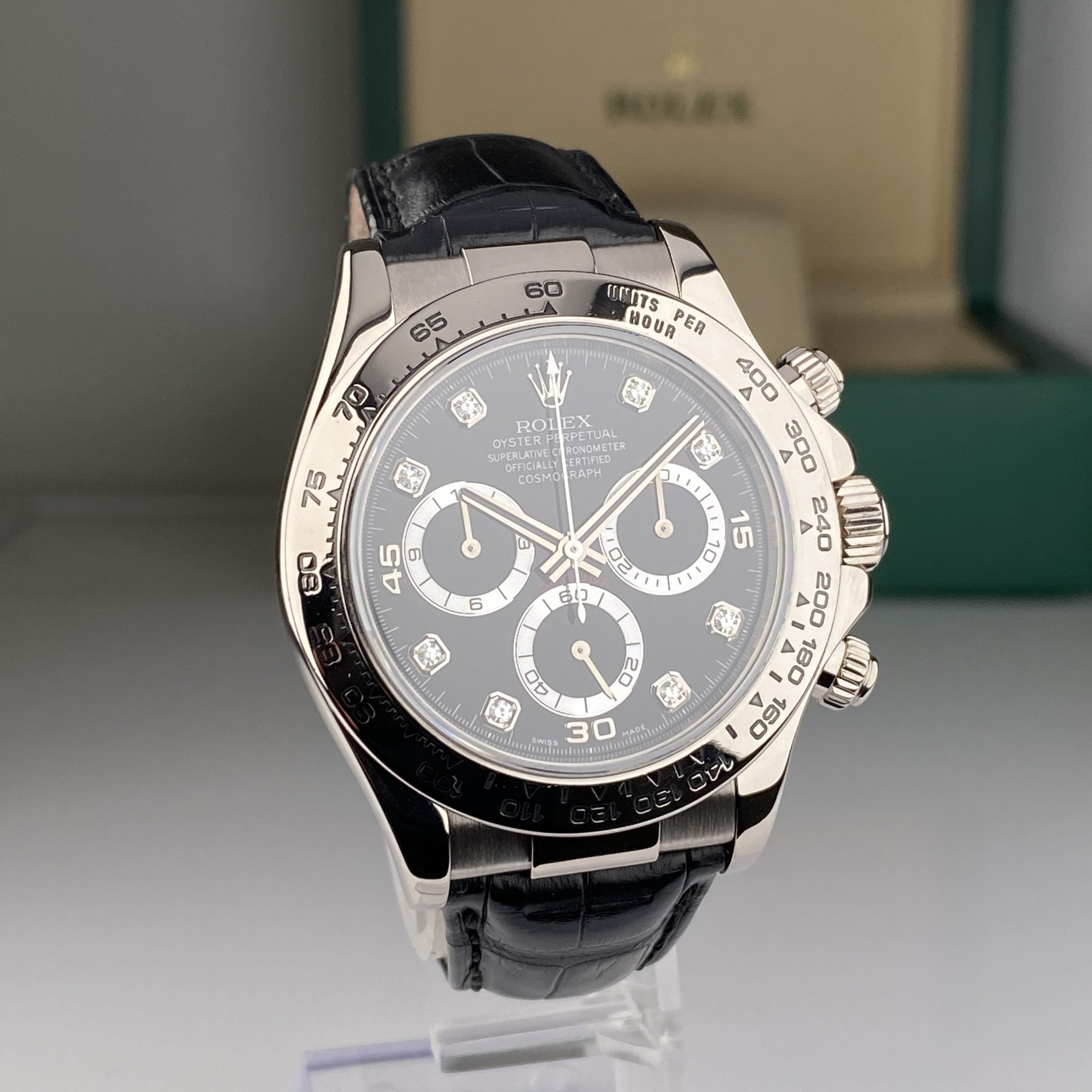 2001 Rolex Daytona 116519 White Gold Factory Black Diamond Dial