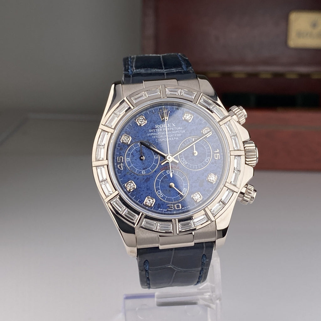 2001 Rolex Daytona 116589BR White Gold Factory Baguette Bezel and Factory Sodalite Diamond Dial