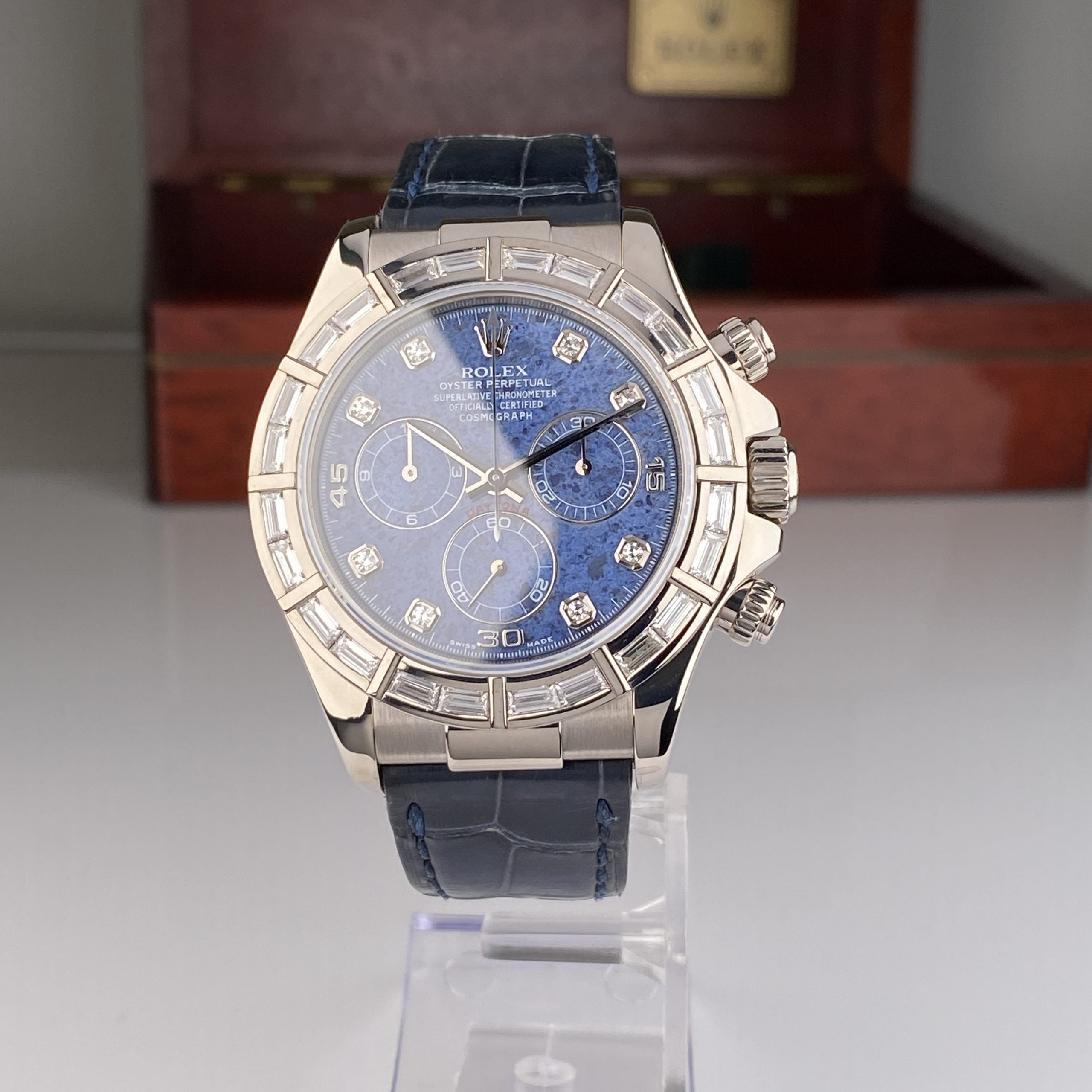 2001 Rolex Daytona 116589BR White Gold Factory Baguette Bezel and Factory Sodalite Diamond Dial