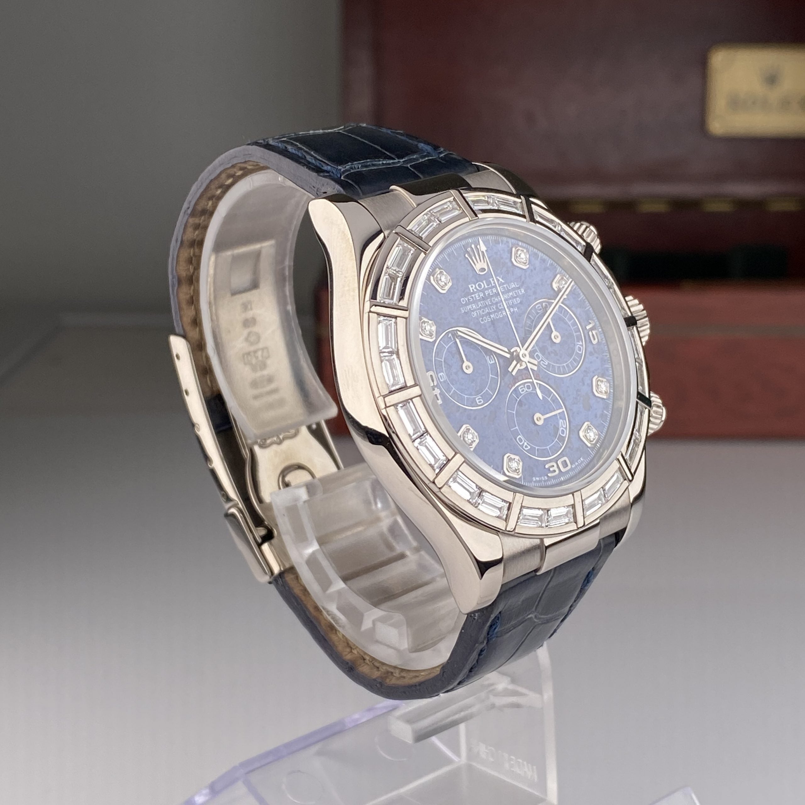 2001 Rolex Daytona 116589BR White Gold Factory Baguette Bezel and Factory Sodalite Diamond Dial