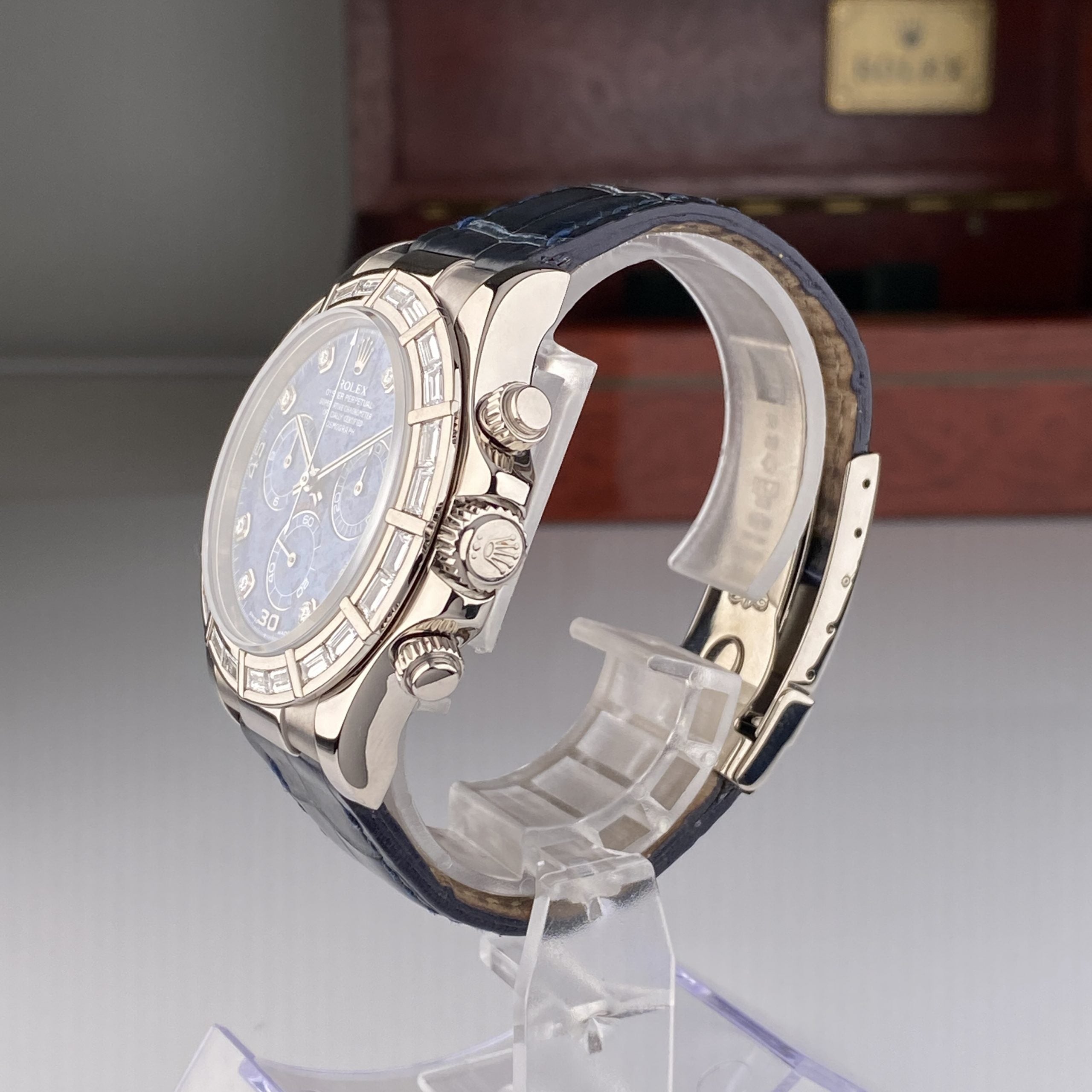 2001 Rolex Daytona 116589BR White Gold Factory Baguette Bezel and Factory Sodalite Diamond Dial