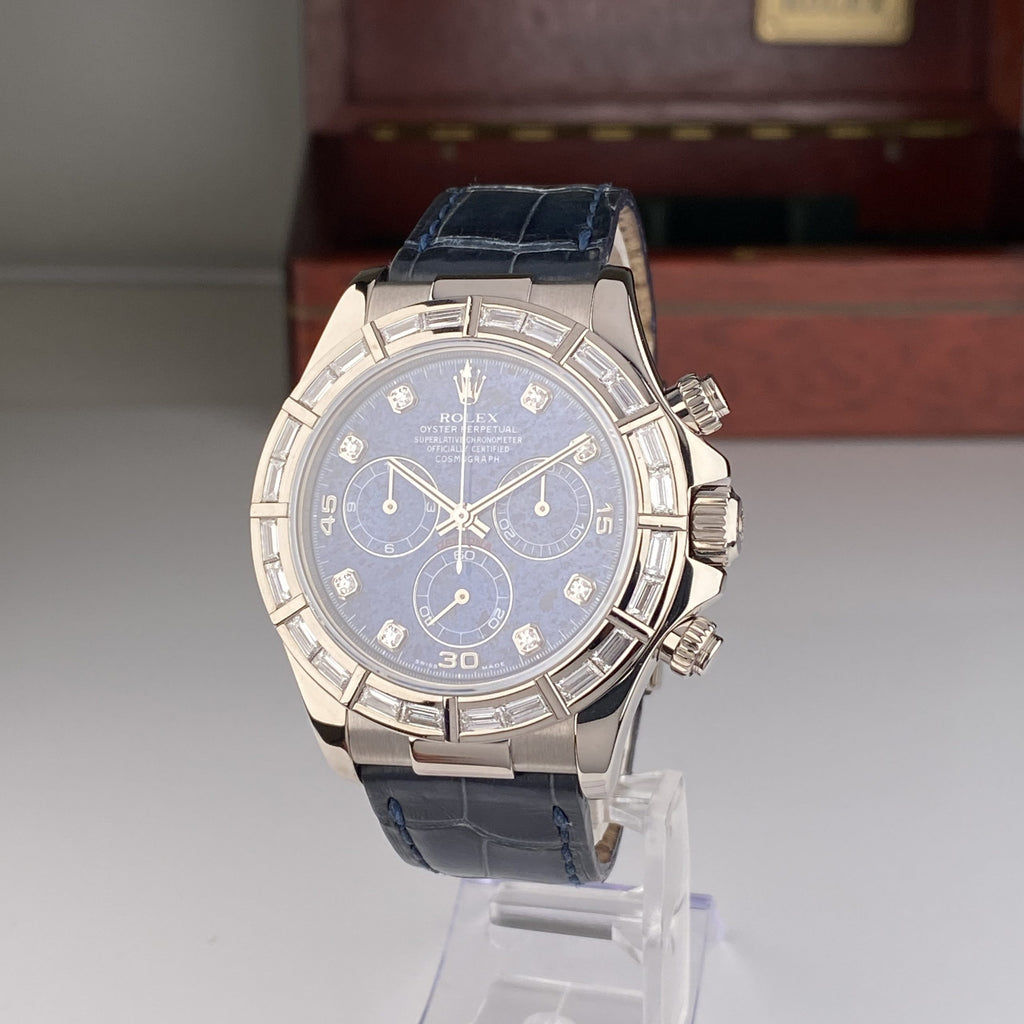 2001 Rolex Daytona 116589BR White Gold Factory Baguette Bezel and Factory Sodalite Diamond Dial