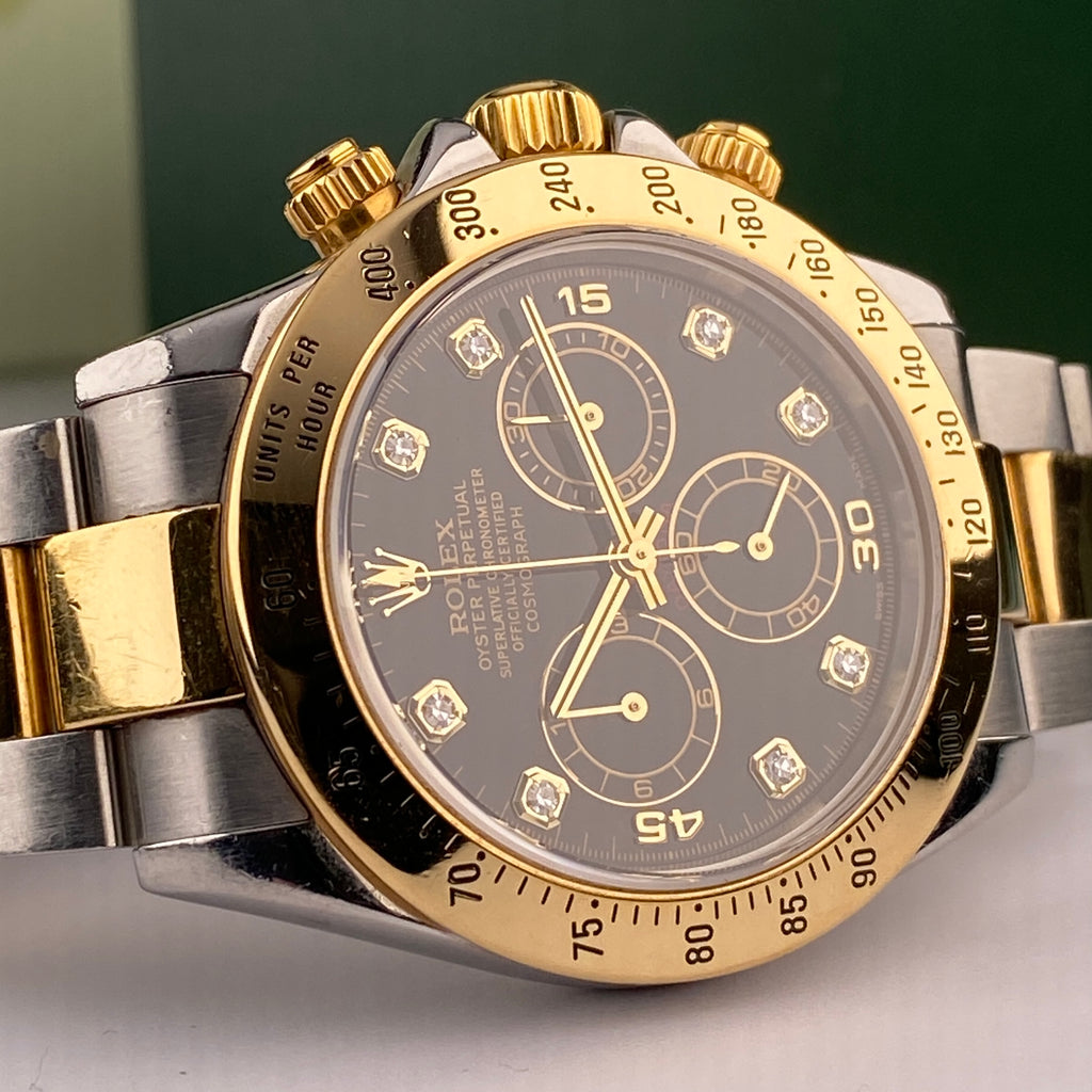 2003 Rolex Daytona 116523 Steel & Gold Unpolished Factory Black Diamond Dial