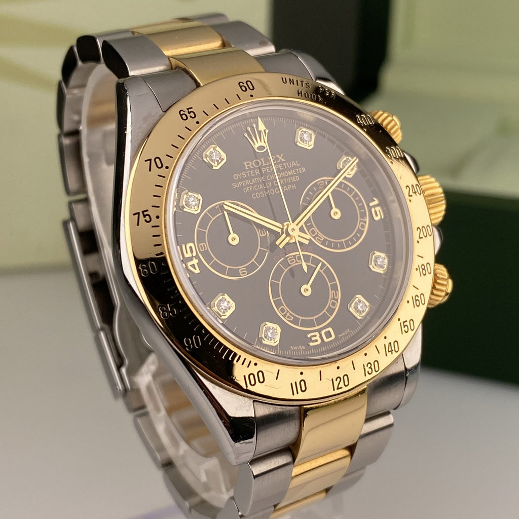 2003 Rolex Daytona 116523 Steel & Gold Unpolished Factory Black Diamond Dial