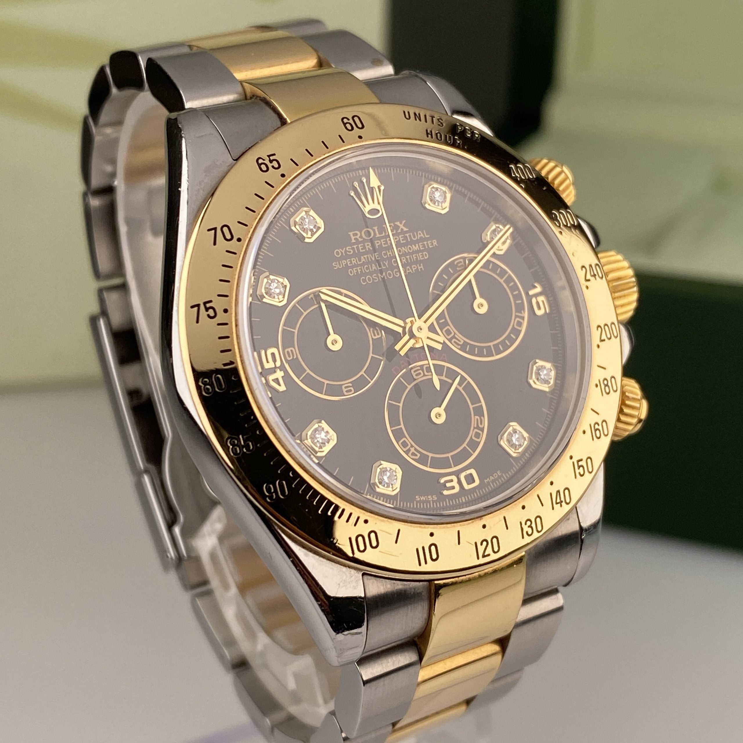 2003 Rolex Daytona 116523 Steel & Gold Unpolished Factory Black Diamond Dial