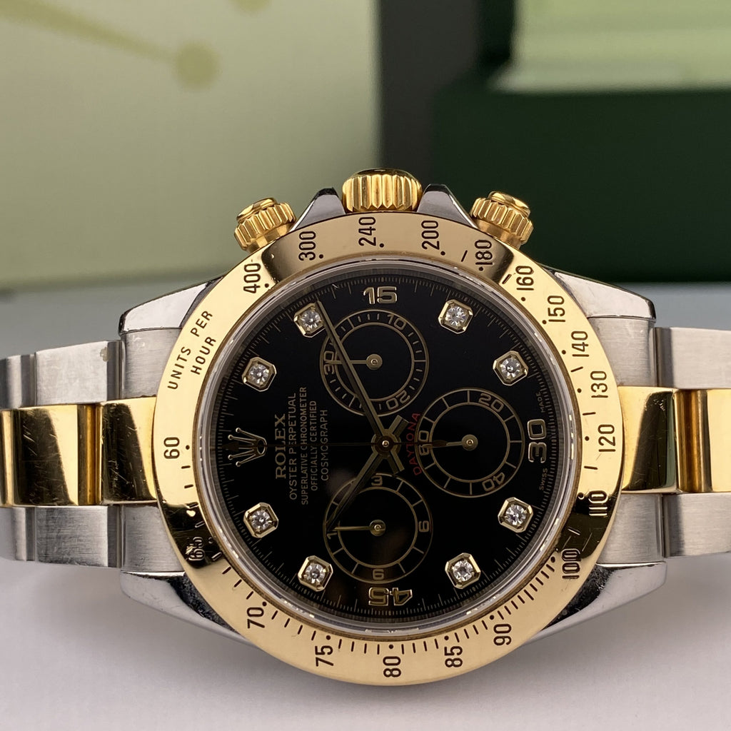 2003 Rolex Daytona 116523 Steel & Gold Unpolished Factory Black Diamond Dial