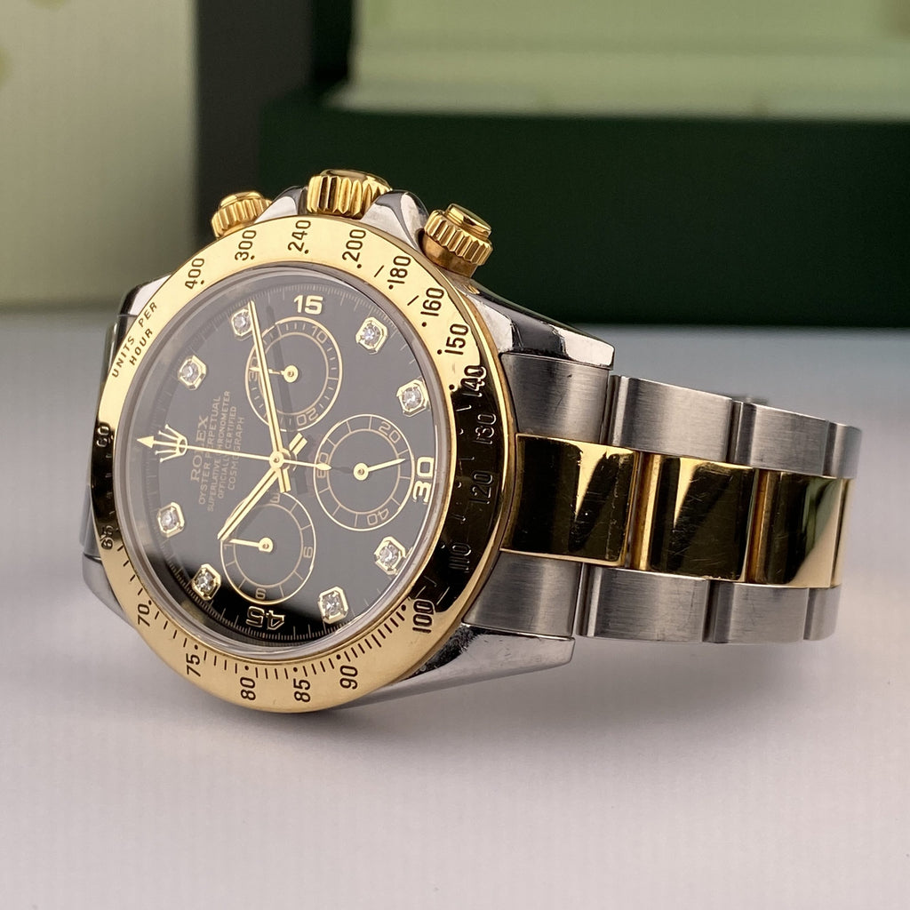 2003 Rolex Daytona 116523 Steel & Gold Unpolished Factory Black Diamond Dial