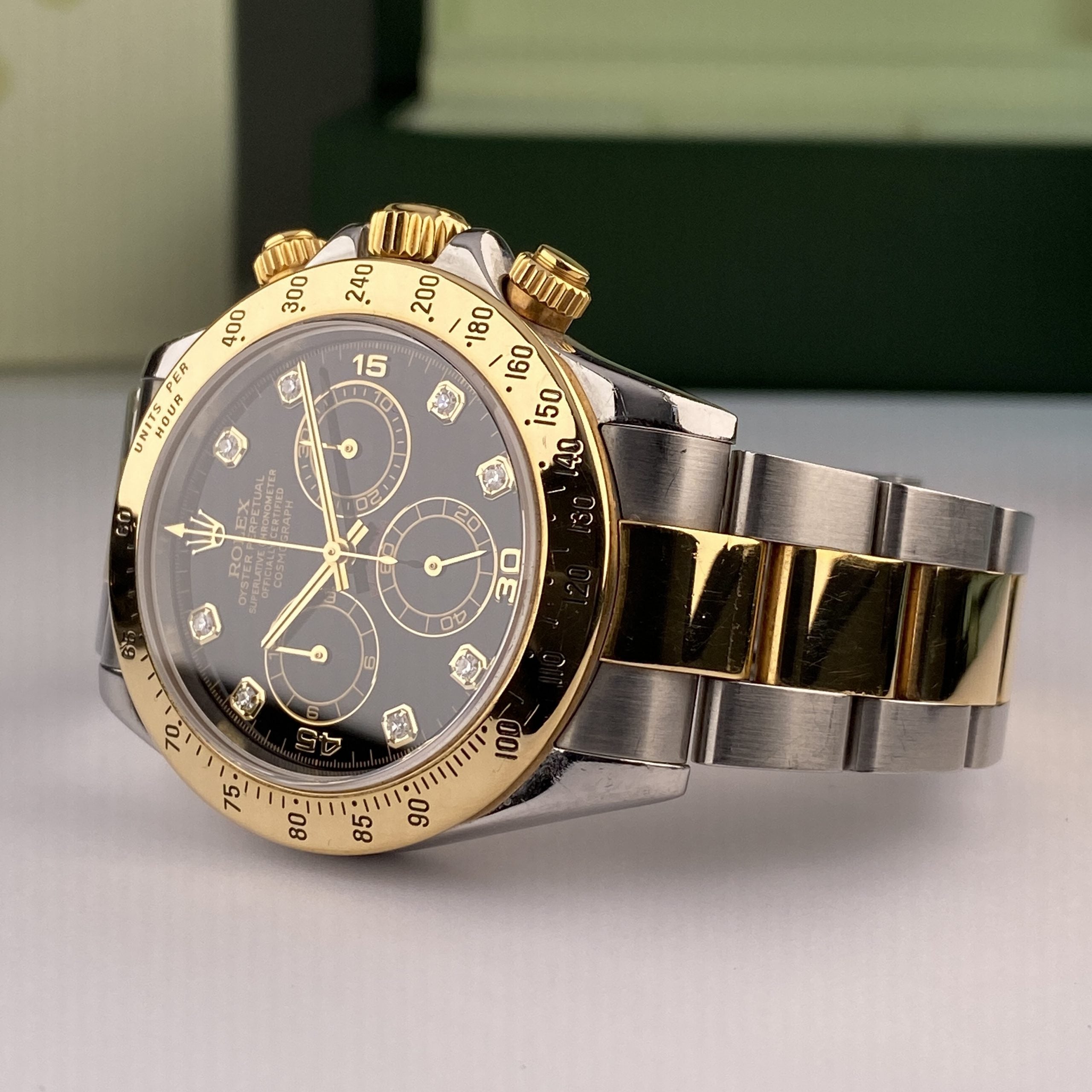 2003 Rolex Daytona 116523 Steel & Gold Unpolished Factory Black Diamond Dial