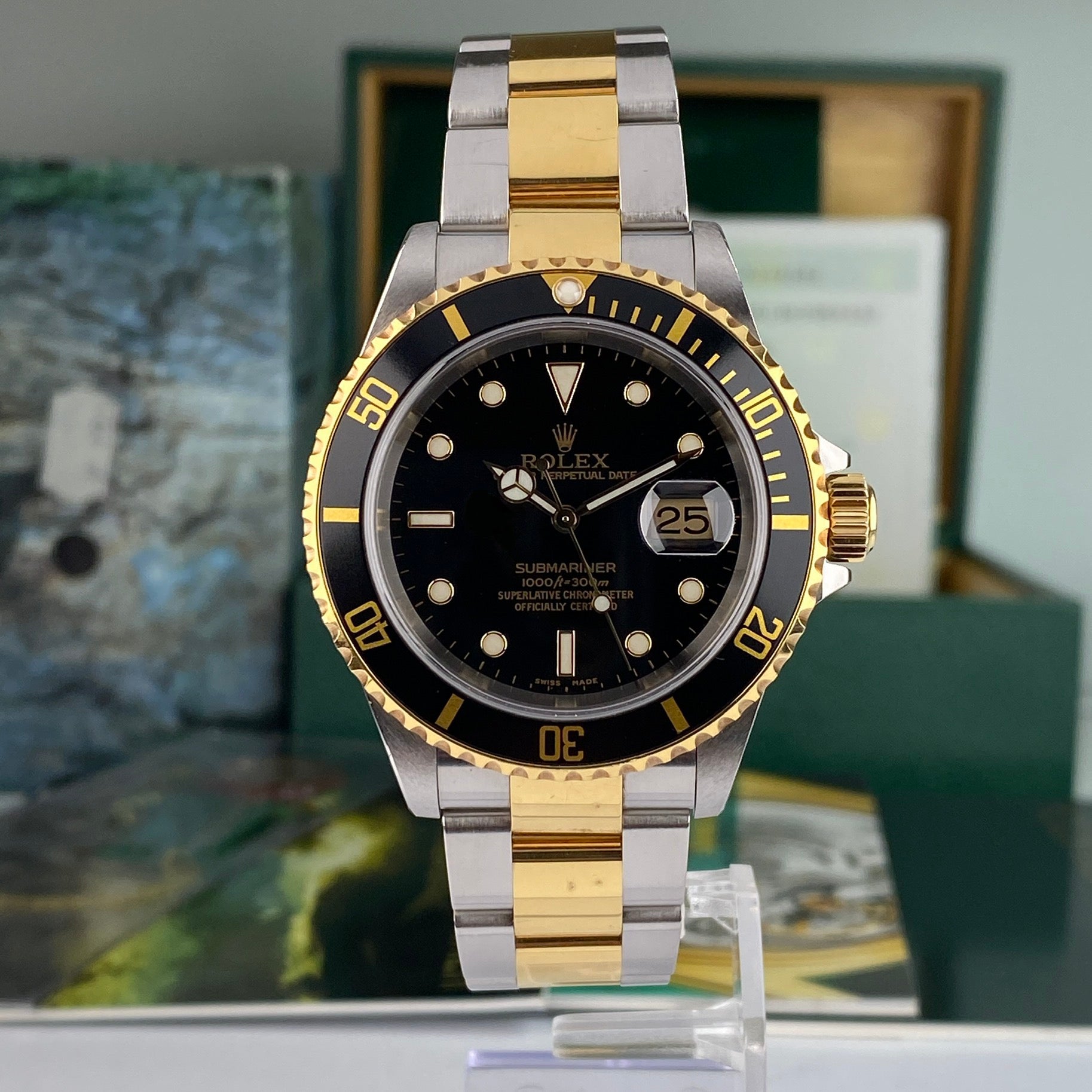2003 Rolex Submariner 16613 Unpolished Steel & Gold Factory Black Dial Box & Papers complete set