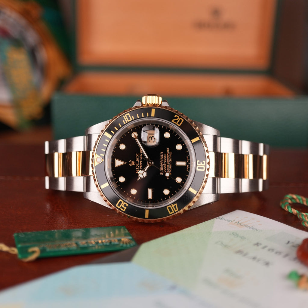 2003 Rolex Submariner 16613 Unpolished Gold and Steel Black Dial Box & Papers complete set