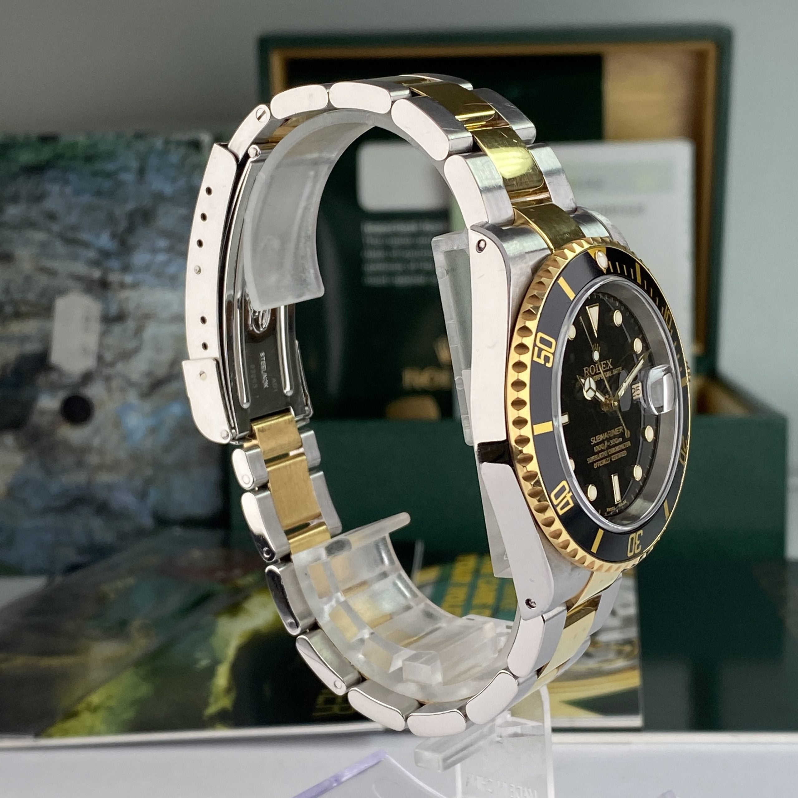2003 Rolex Submariner 16613 Unpolished Steel & Gold Factory Black Dial Box & Papers complete set