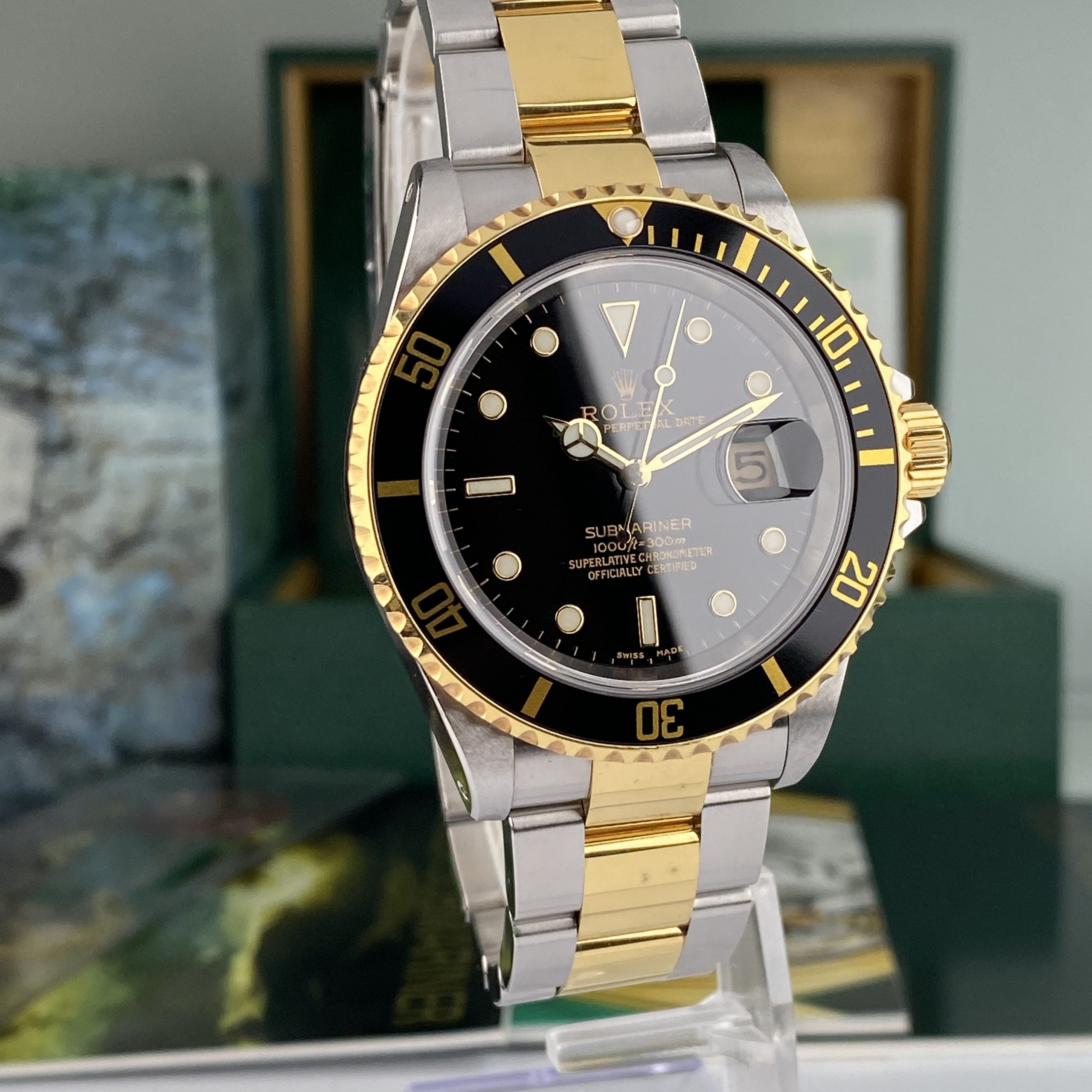 2003 Rolex Submariner 16613 Unpolished Steel & Gold Factory Black Dial Box & Papers complete set