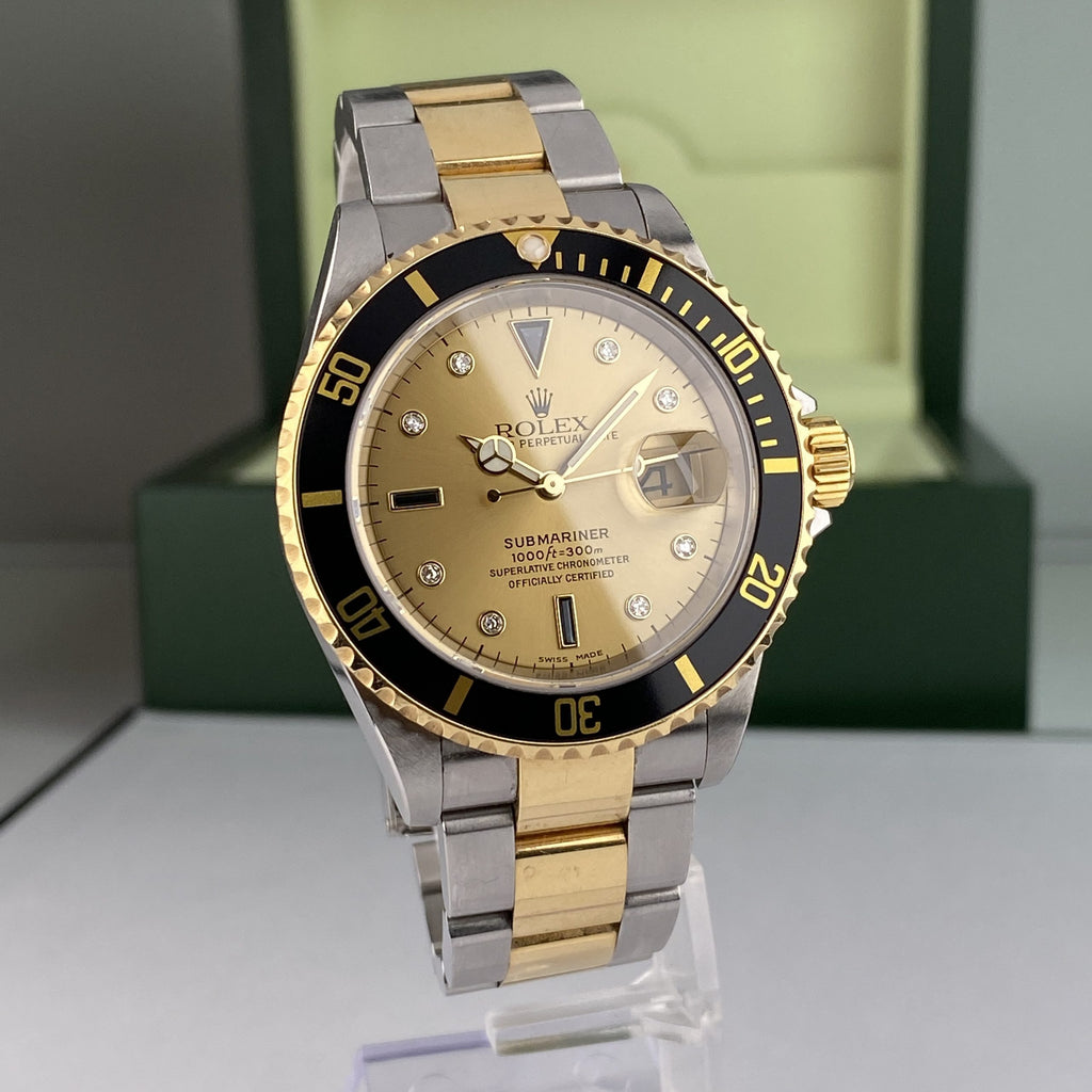 2003 Rolex Submariner 16613 Unpolished Steel & Gold Factory Serti Diamond Dial