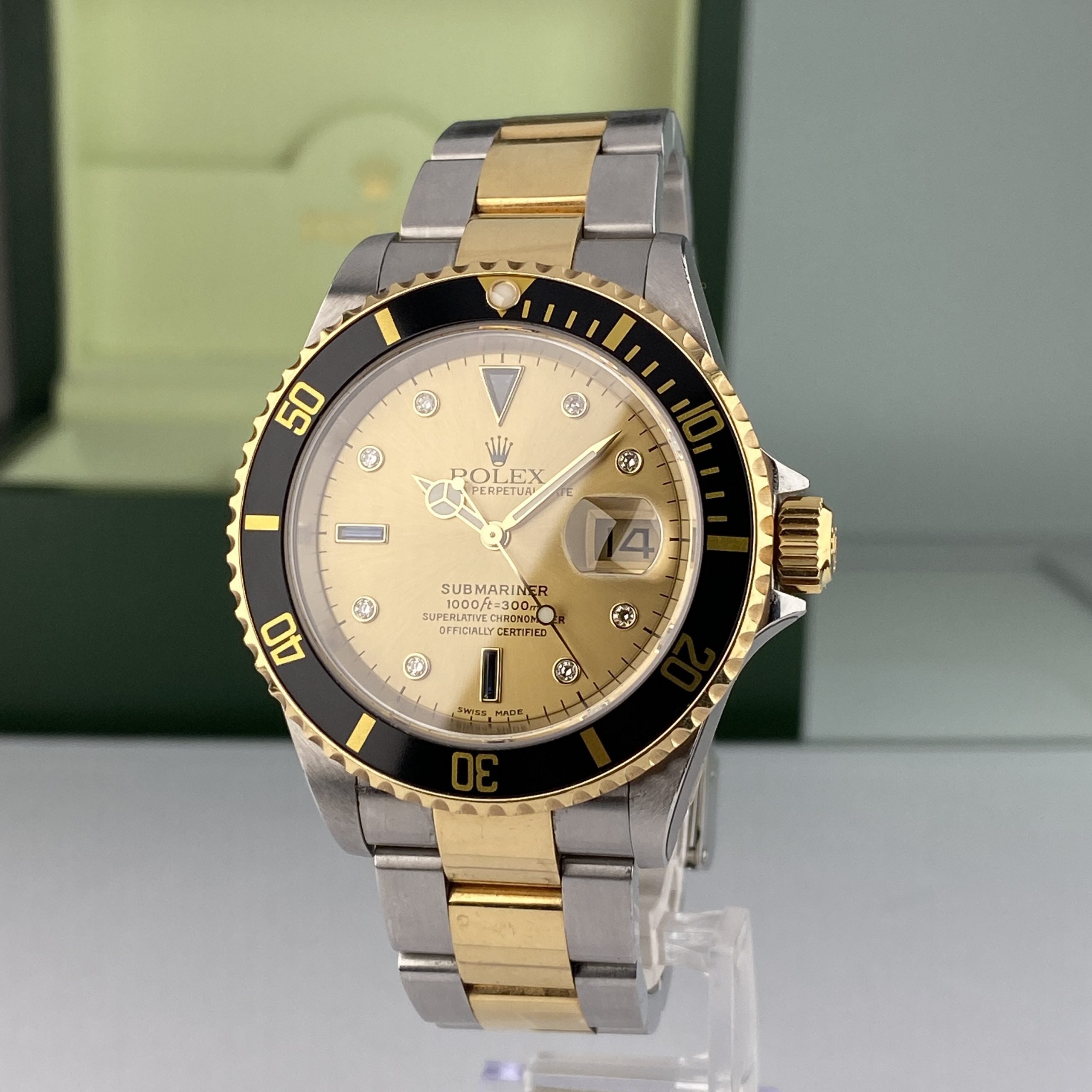 2003 Rolex Submariner 16613 Unpolished Steel & Gold Factory Serti Diamond Dial