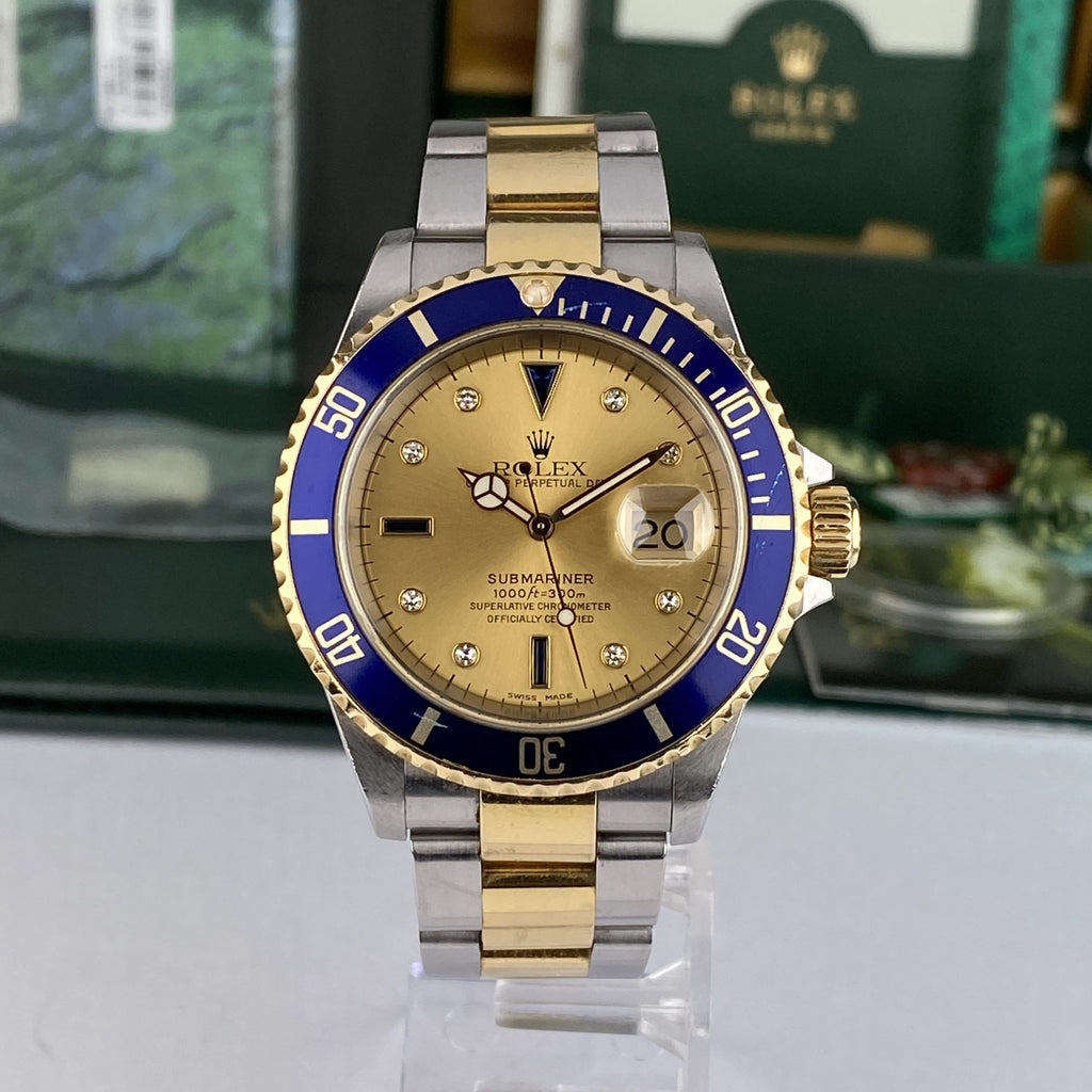 2003 Rolex Submariner 16613 Unpolished Steel & Gold Factory Serti Diamond Dial Box & Papers complete set