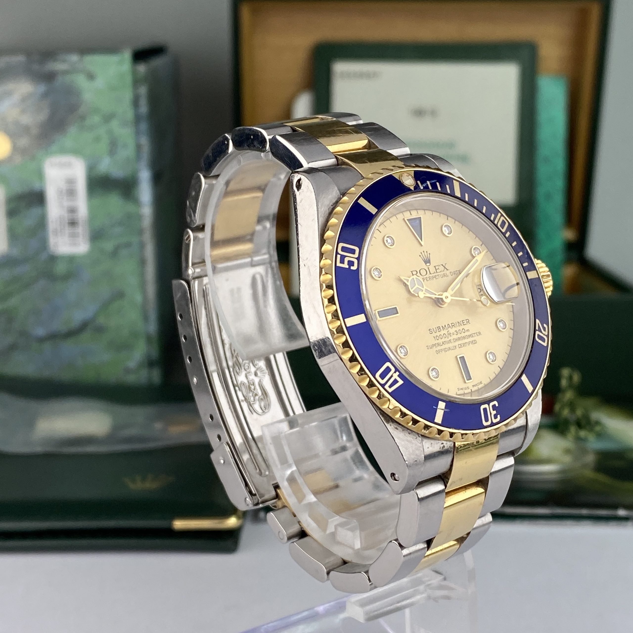 2003 Rolex Submariner 16613 Unpolished Steel & Gold Factory Serti Diamond Dial Box & Papers complete set