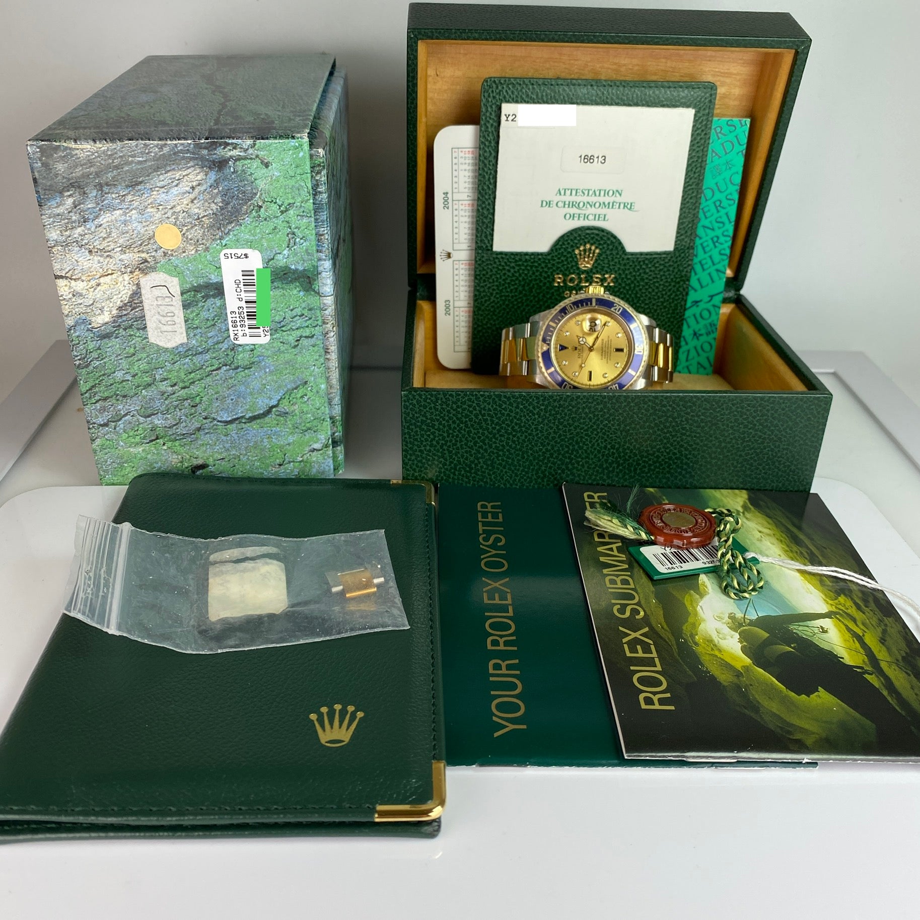 2003 Rolex Submariner 16613 Unpolished Steel & Gold Factory Serti Diamond Dial Box & Papers complete set