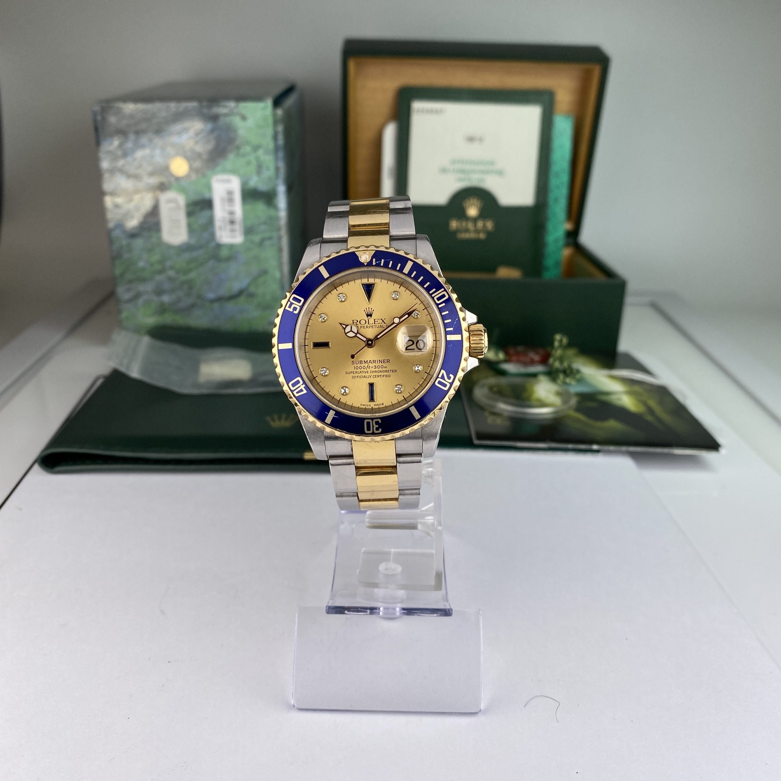 2003 Rolex Submariner 16613 Unpolished Steel & Gold Factory Serti Diamond Dial Box & Papers complete set