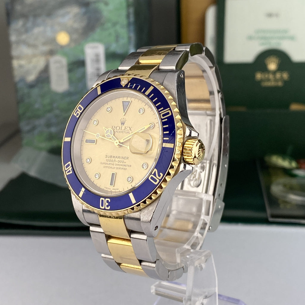 2003 Rolex Submariner 16613 Unpolished Steel & Gold Factory Serti Diamond Dial Box & Papers complete set