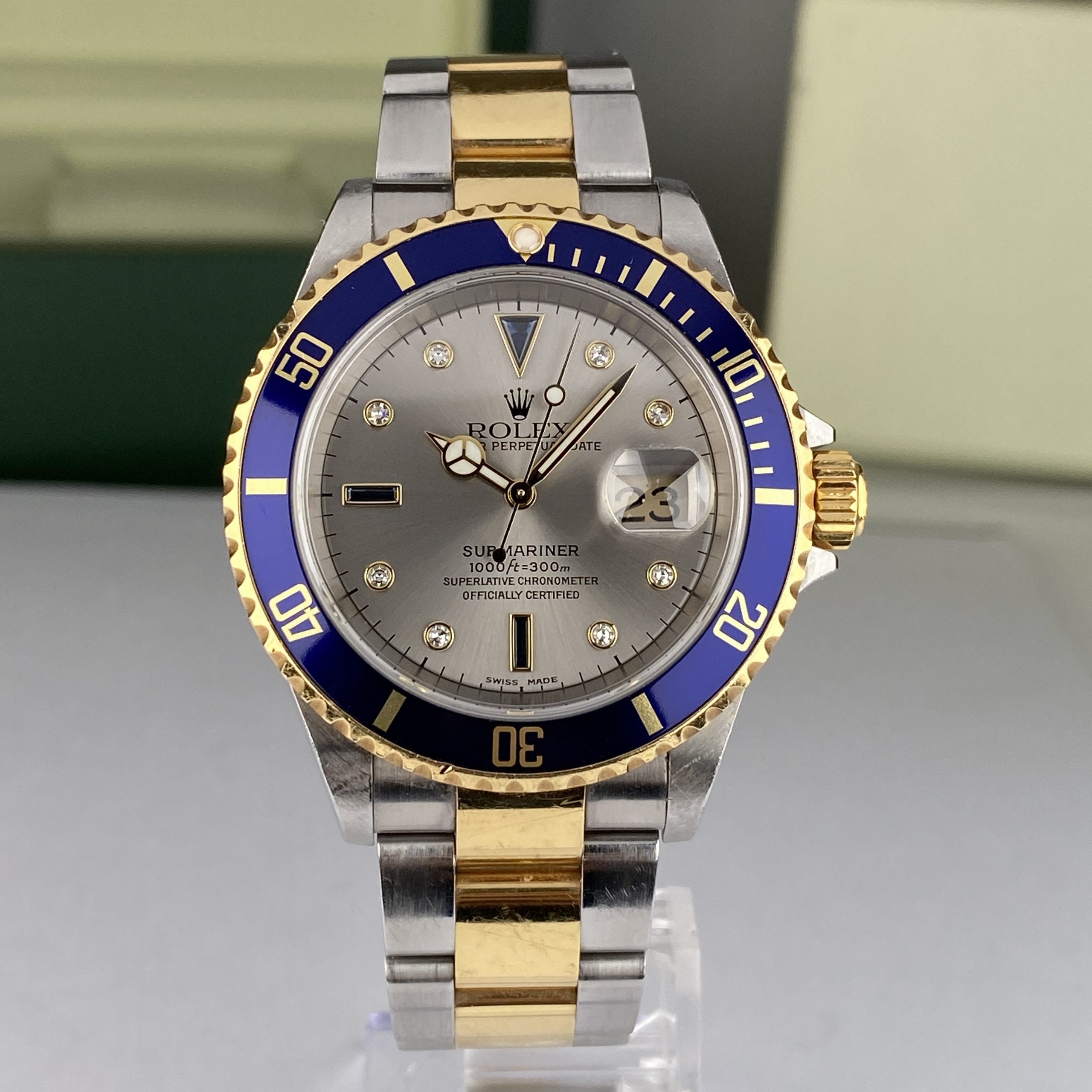2004 Rolex Submariner 16613 Blue Unpolished Steel & Gold Factory Sultan Serti Diamond Dial