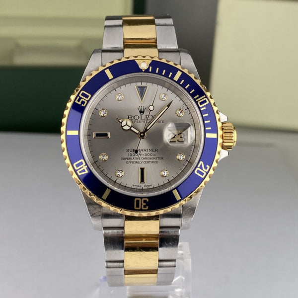 2004 Rolex Submariner 16613 Blue Unpolished Steel & Gold Factory Sultan Serti Diamond Dial