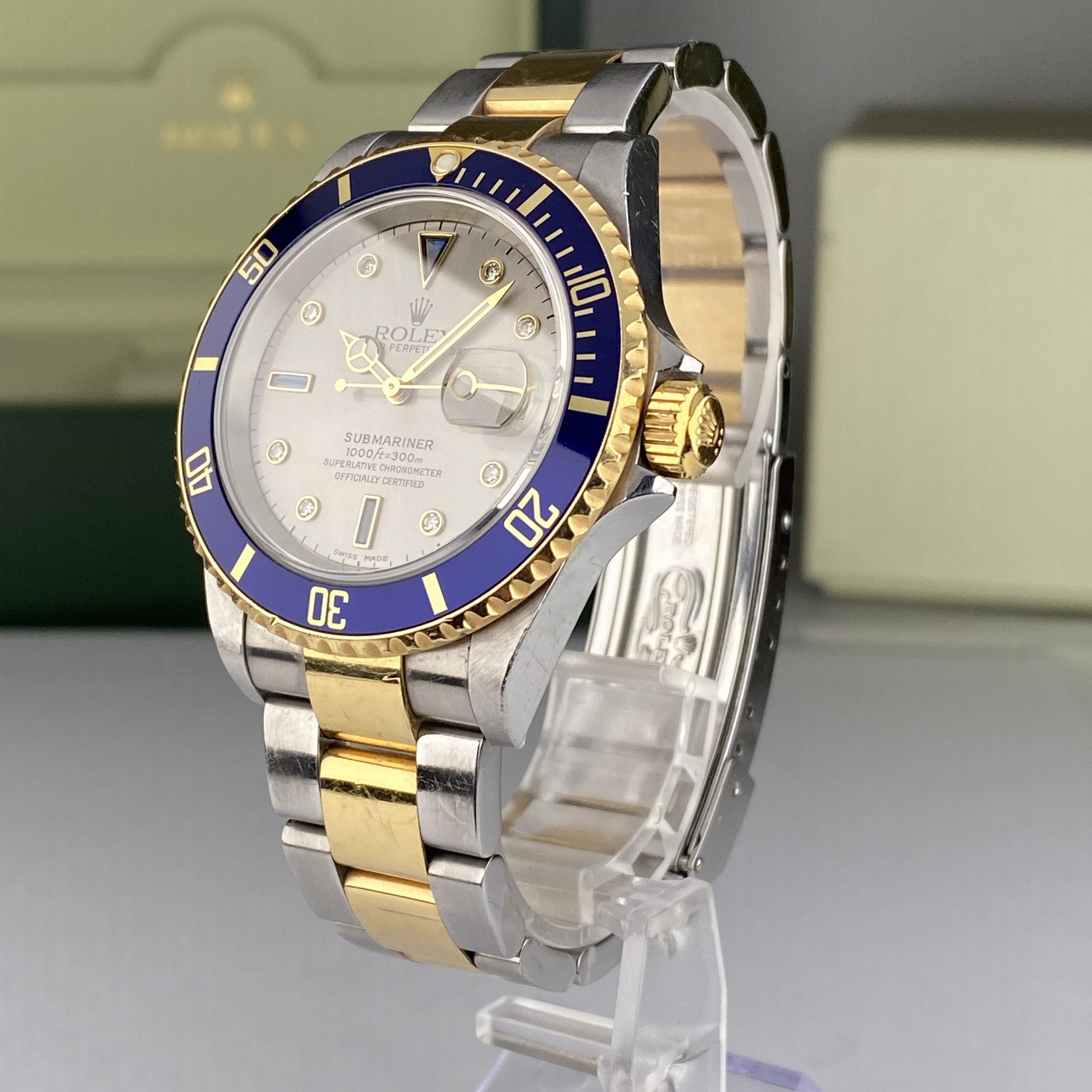 2004 Rolex Submariner 16613 Blue Unpolished Steel & Gold Factory Sultan Serti Diamond Dial