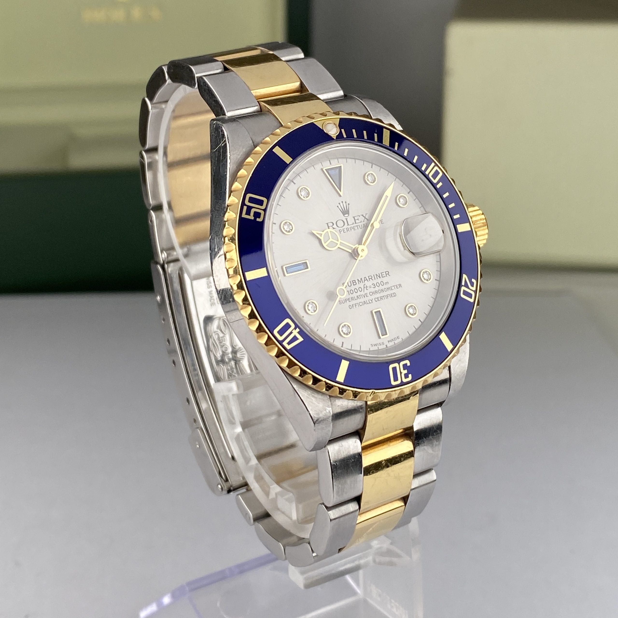 2004 Rolex Submariner 16613 Blue Unpolished Steel & Gold Factory Sultan Serti Diamond Dial