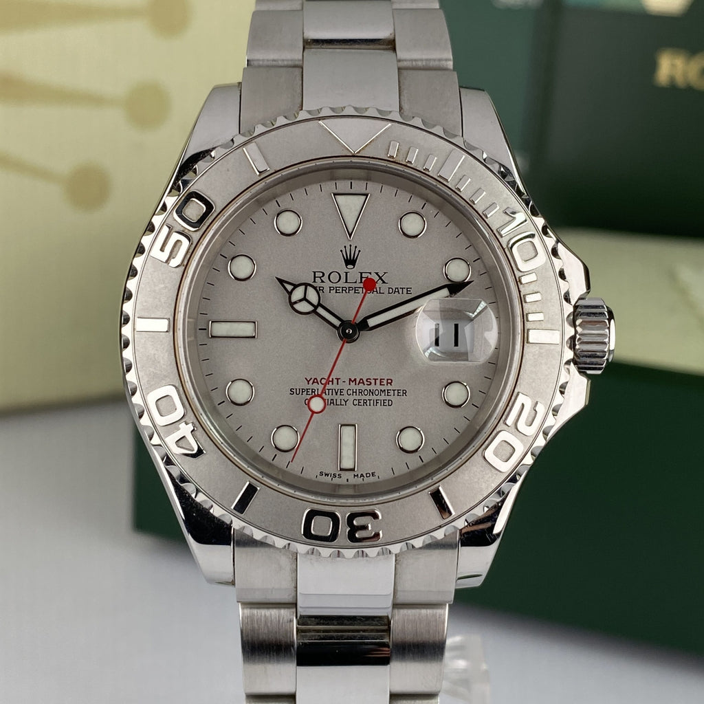 2004 Rolex Yacht-Master 16622 Steel Platinum Bezel Unpolished complete set box & papers
