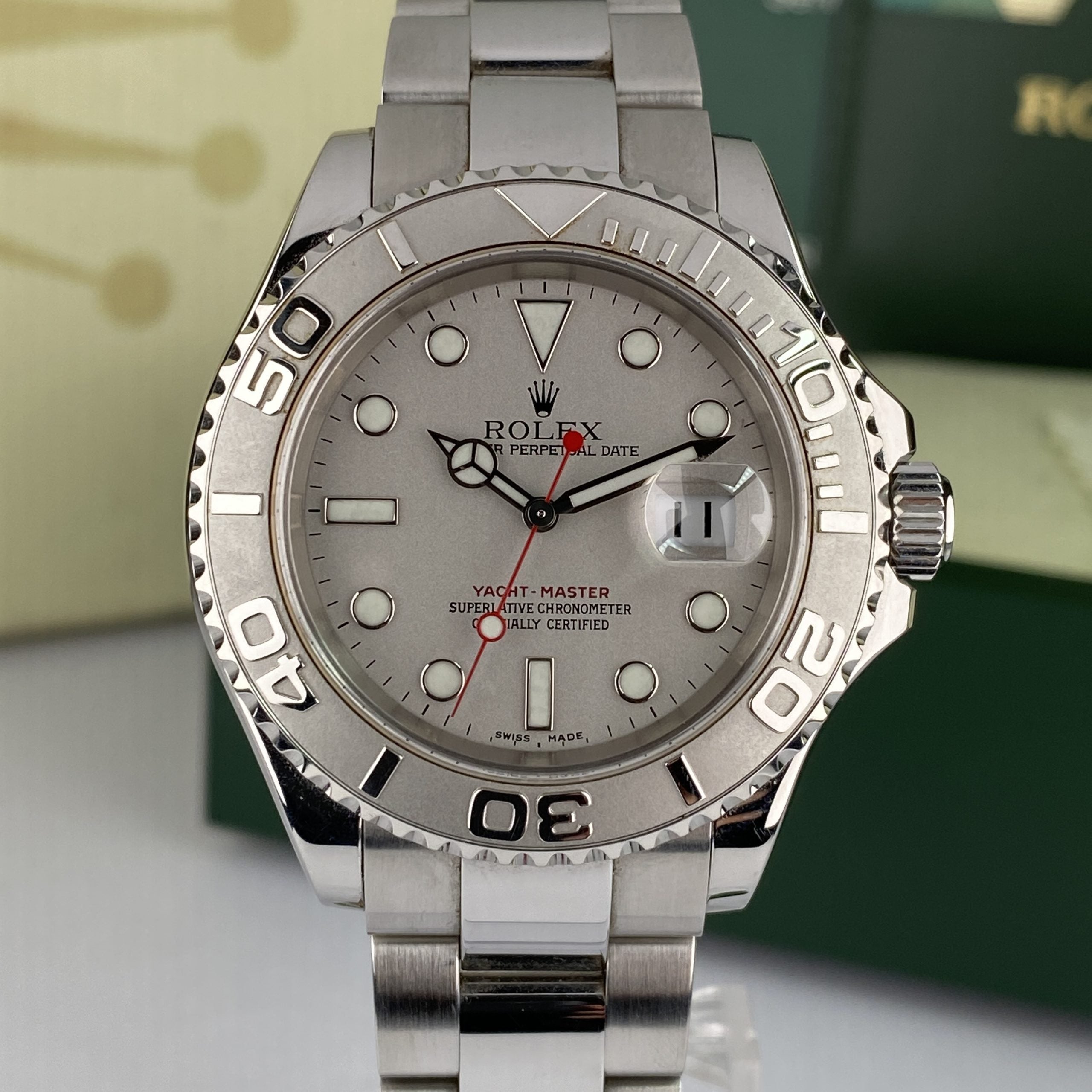 2004 Rolex Yacht-Master 16622 Steel Platinum Bezel Unpolished complete set box & papers