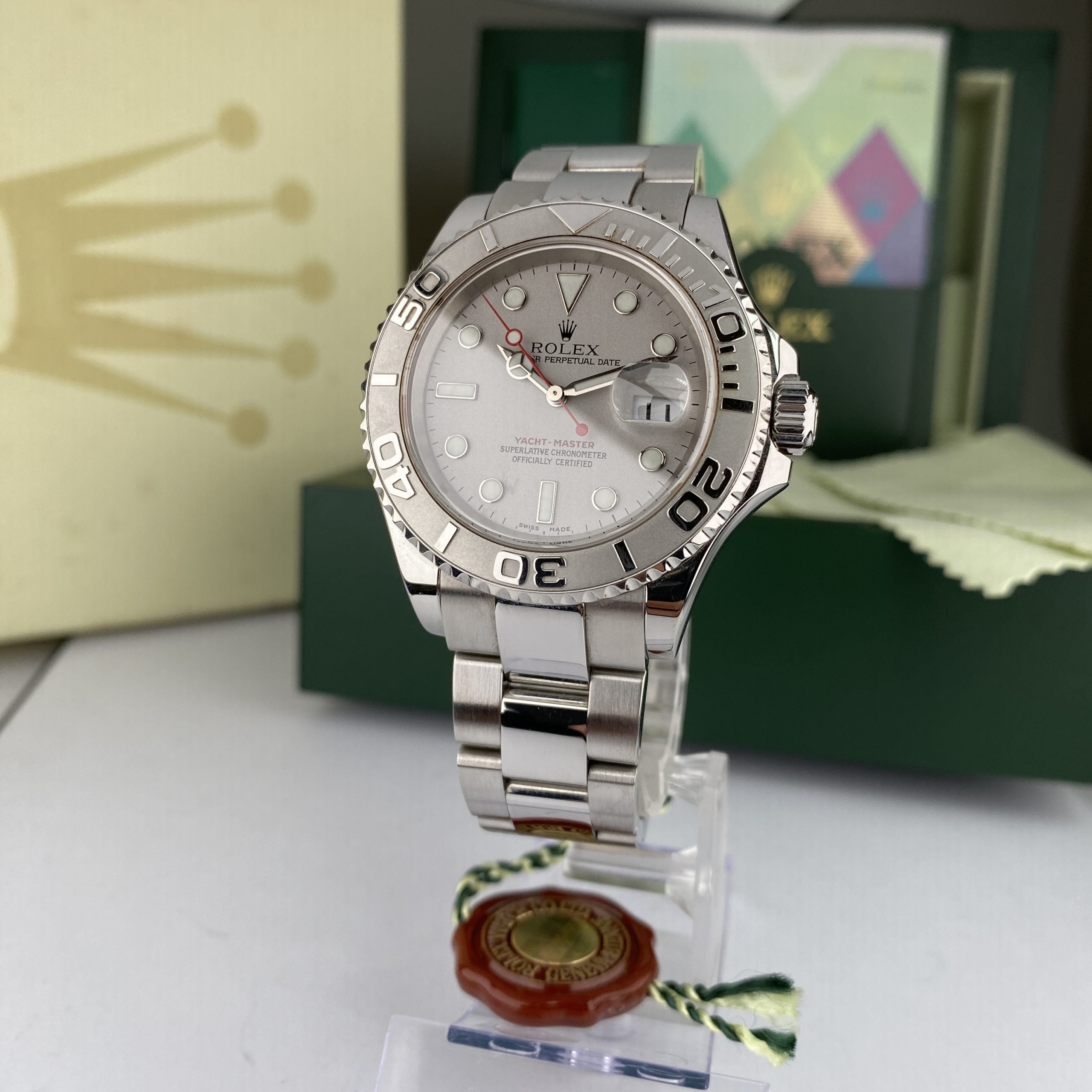 2004 Rolex Yacht-Master 16622 Steel Platinum Bezel Unpolished complete set box & papers