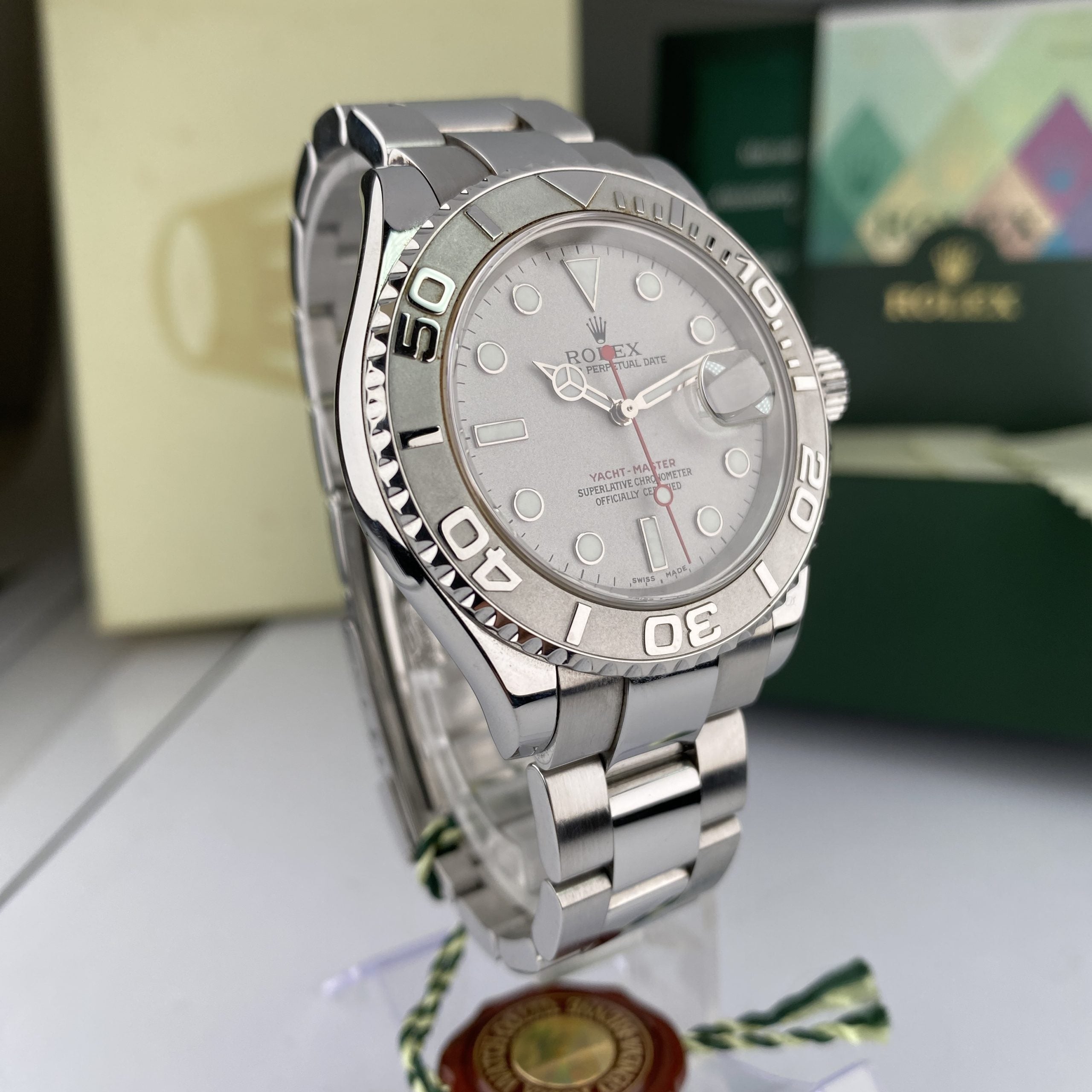 2004 Rolex Yacht-Master 16622 Steel Platinum Bezel Unpolished complete set box & papers