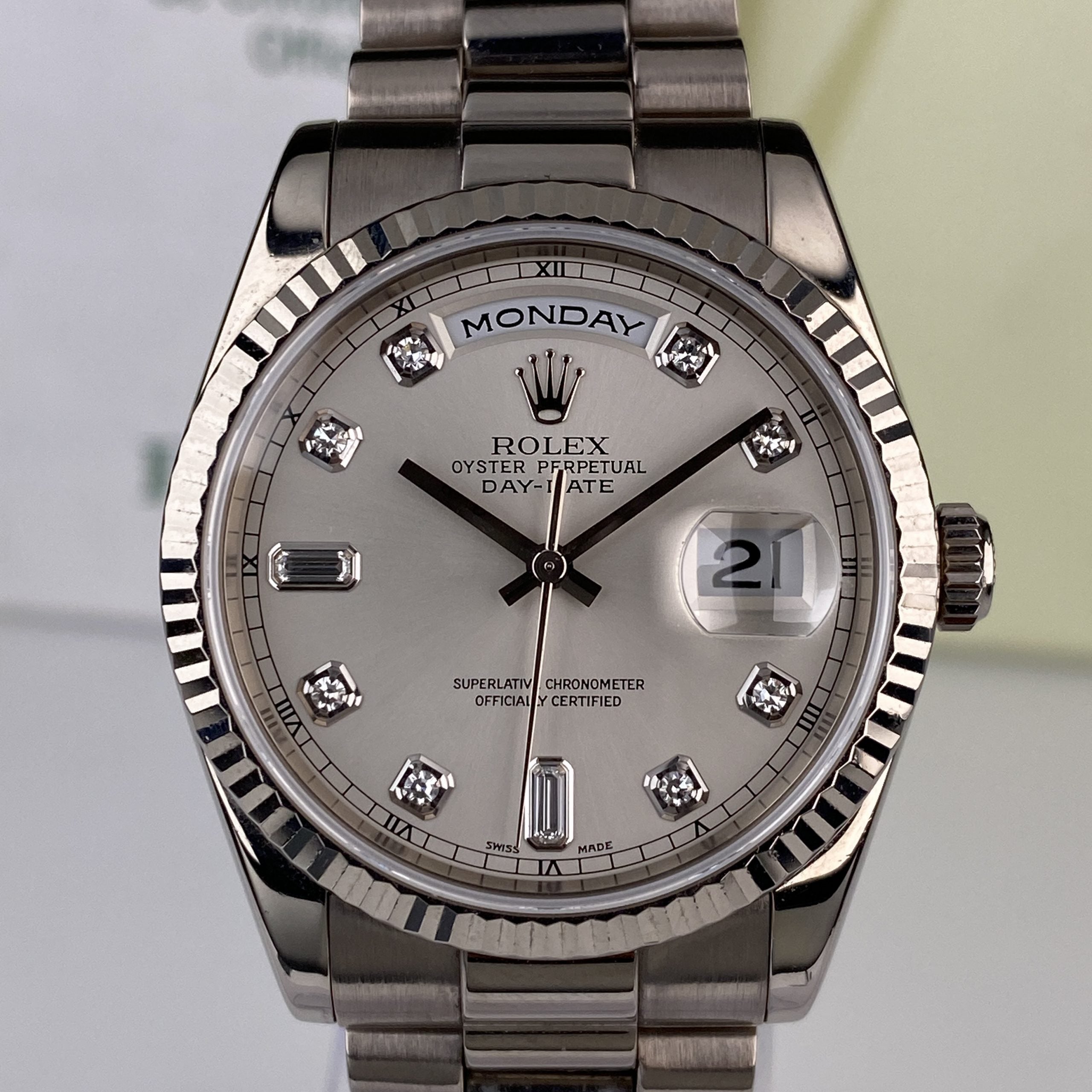 2005 Rolex Day-Date 118239 Unpolished President White Gold Factory Diamond Dial with Box & Papers