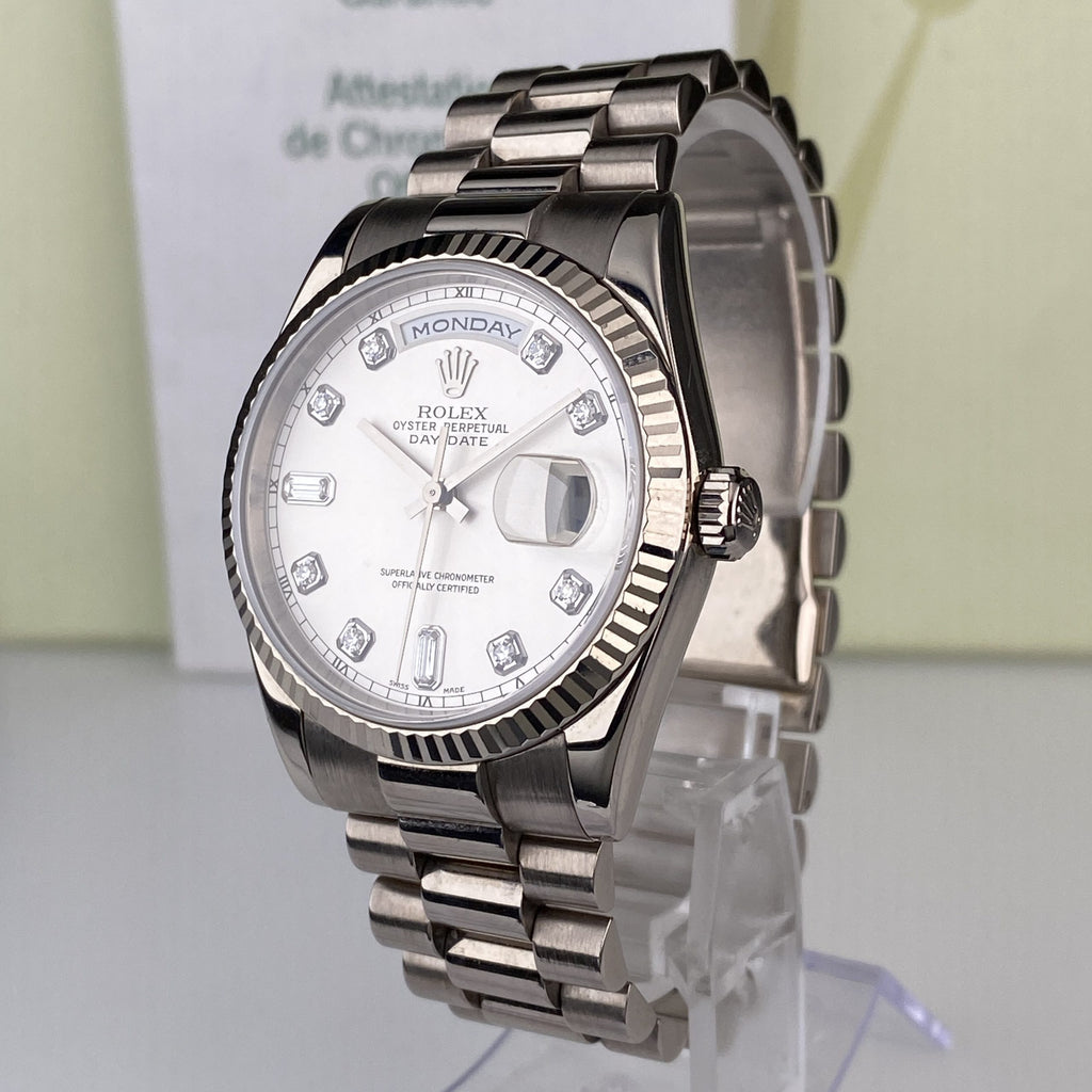 2005 Rolex Day-Date 118239 Unpolished President White Gold Factory Diamond Dial with Box & Papers