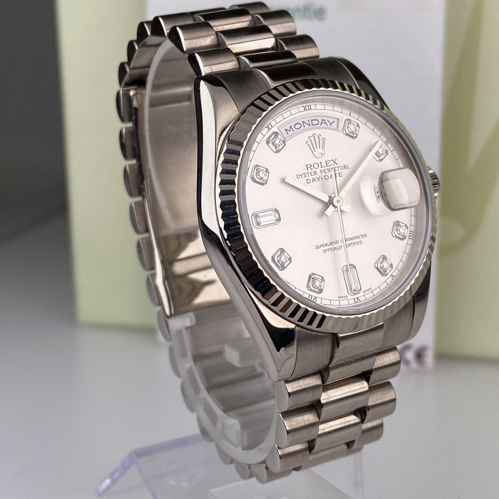 2005 Rolex Day-Date 118239 Unpolished President White Gold Factory Diamond Dial with Box & Papers
