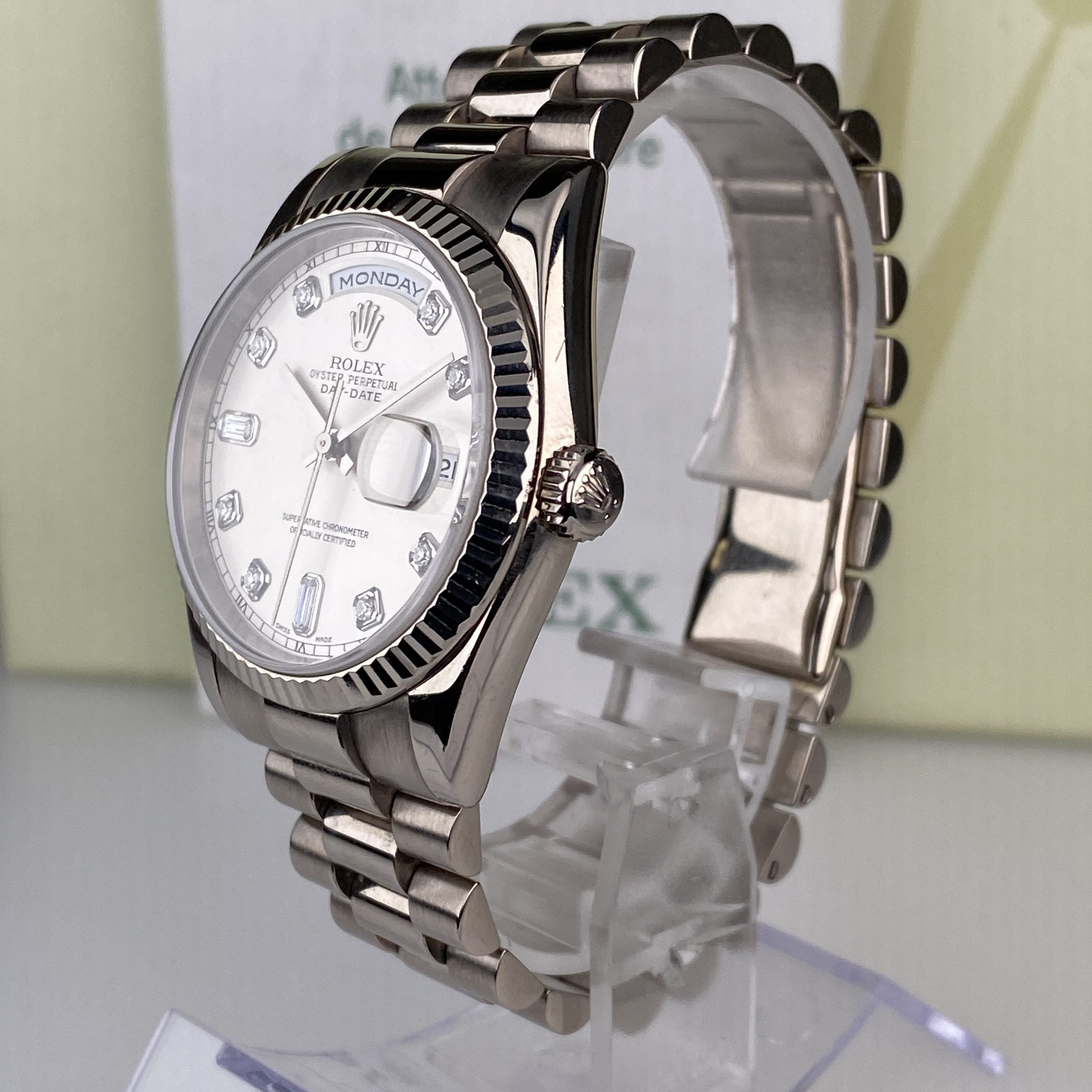 2005 Rolex Day-Date 118239 Unpolished President White Gold Factory Diamond Dial with Box & Papers