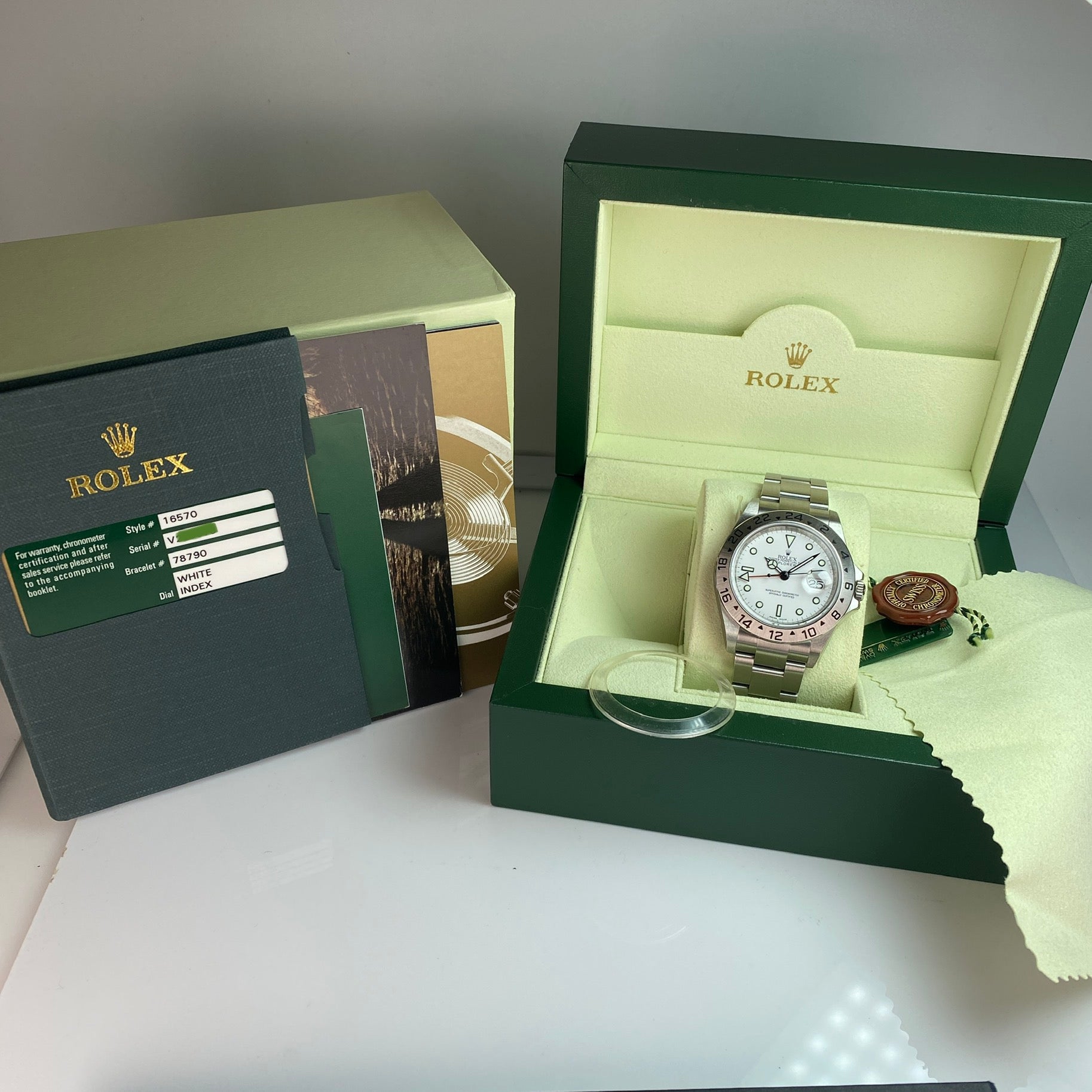2007 Rolex Explorer II 16570 New Old Stock Polar White Dial Stickers 3186 complete set NOS
