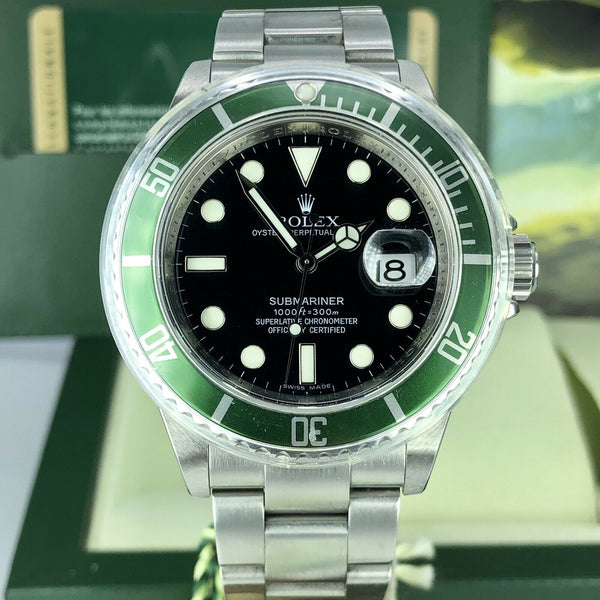 2008 NOS Rolex 16610LV Submariner Anniversary Green Kermit Full Set Card M