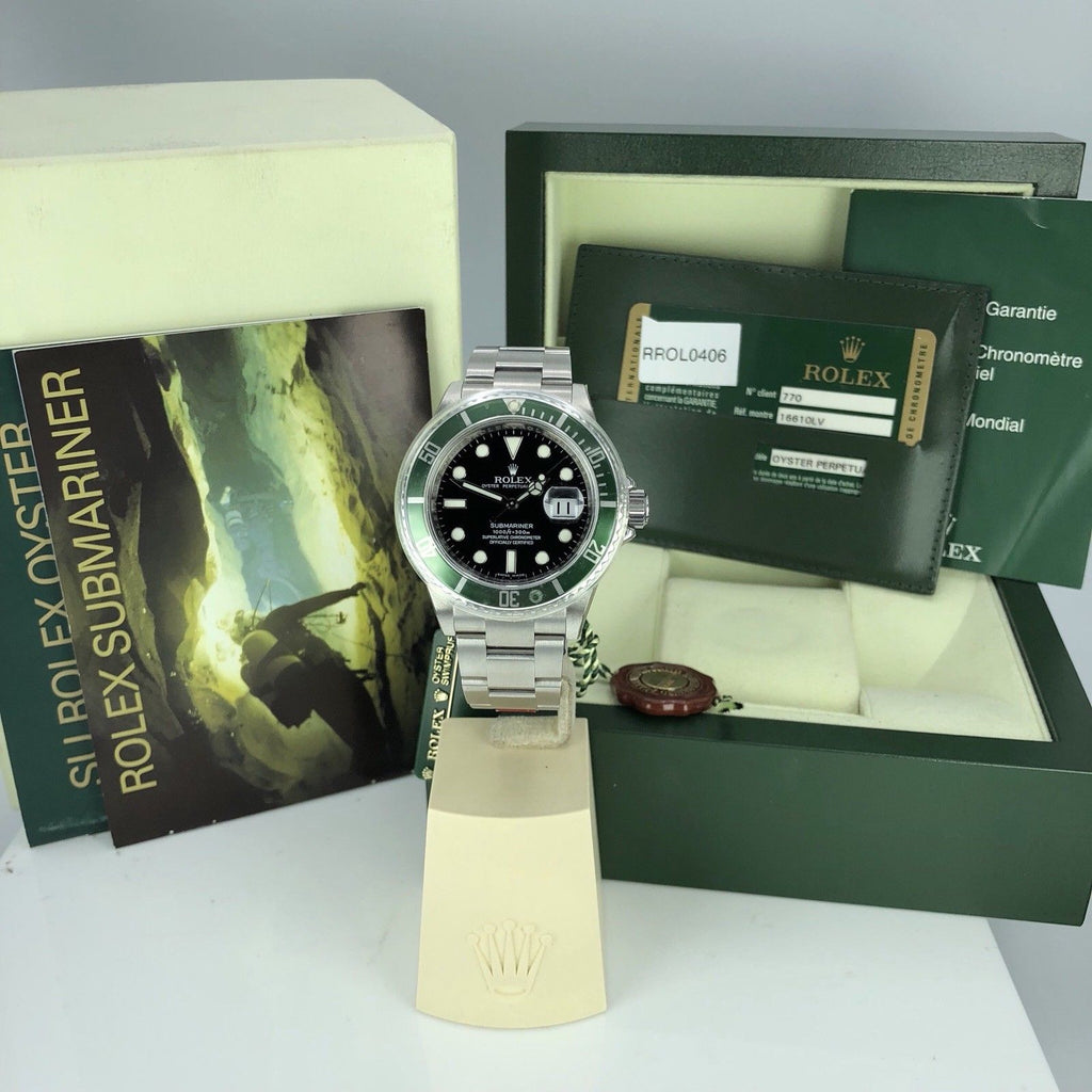 2008 NOS Rolex 16610LV Submariner Anniversary Green Kermit Full Set Card M