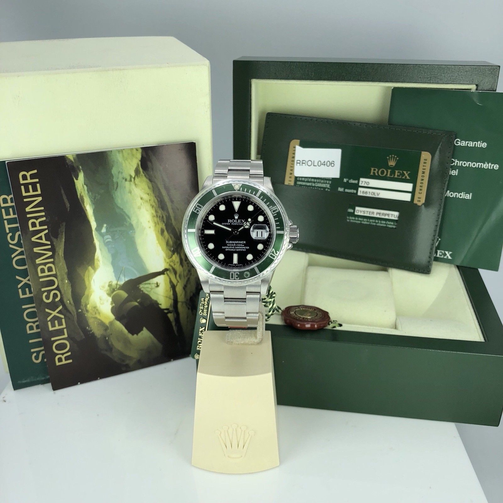 2008 NOS Rolex 16610LV Submariner Anniversary Green Kermit Full Set Card M