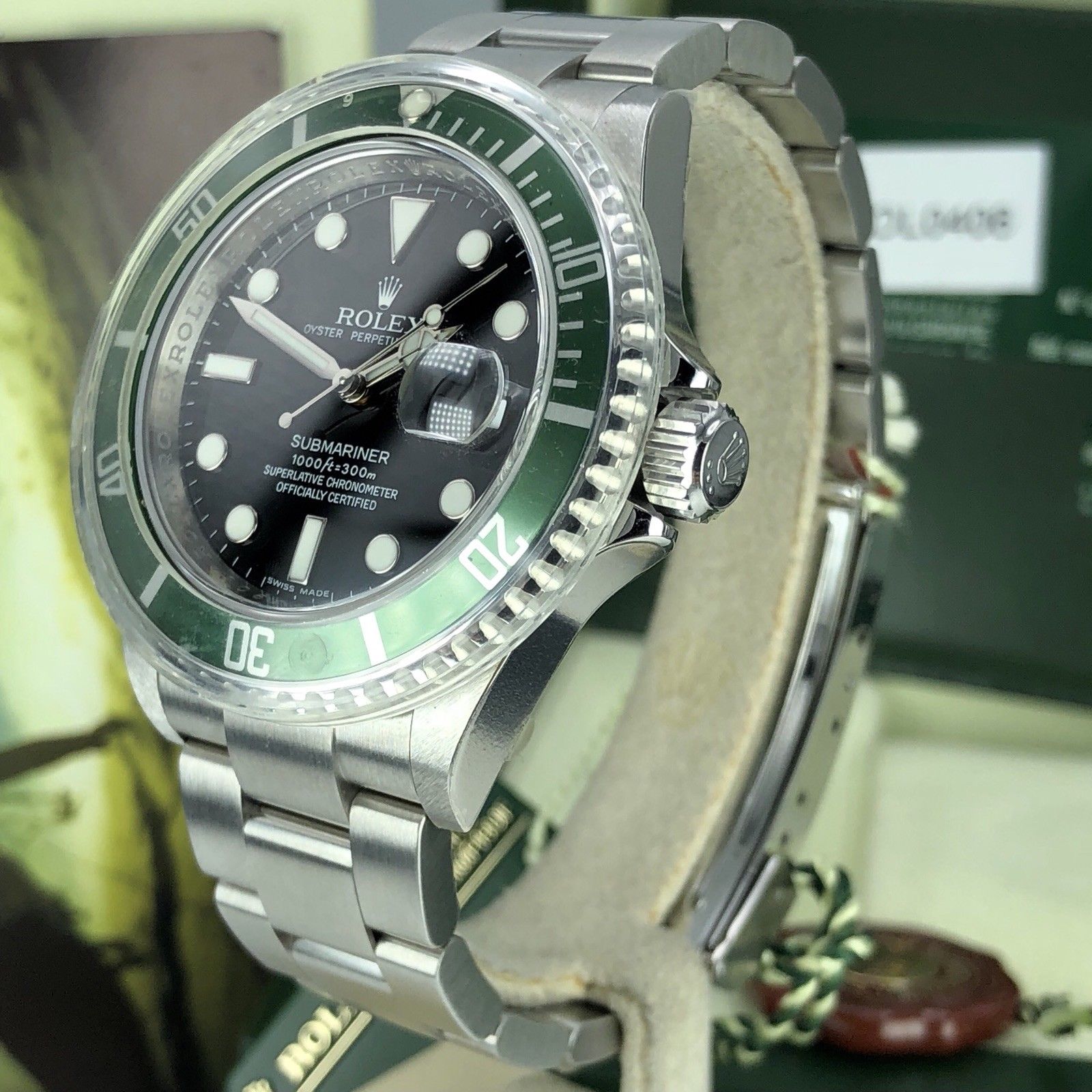 2008 NOS Rolex 16610LV Submariner Anniversary Green Kermit Full Set Card M