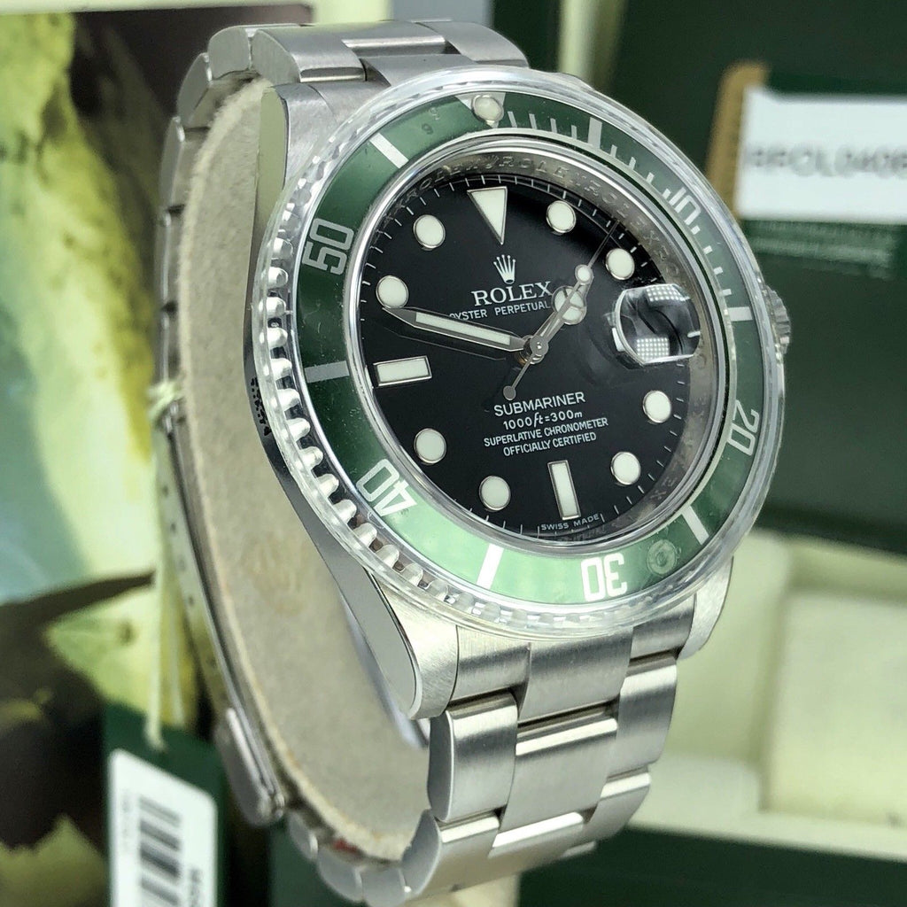 2008 NOS Rolex 16610LV Submariner Anniversary Green Kermit Full Set Card M
