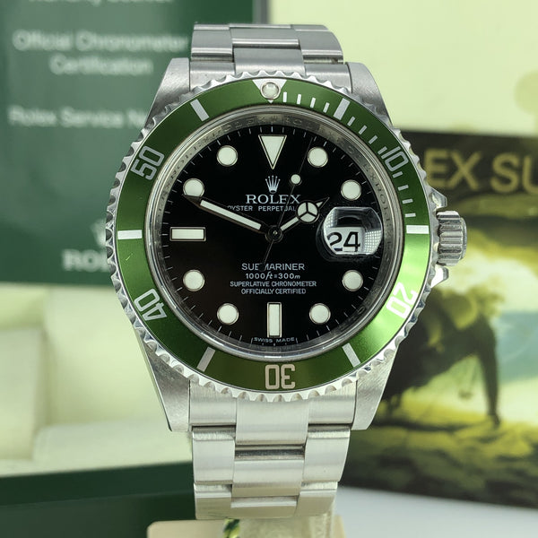 2009 Rolex 16610LV Submariner Anniversary Green Kermit Full Set with Box & Card