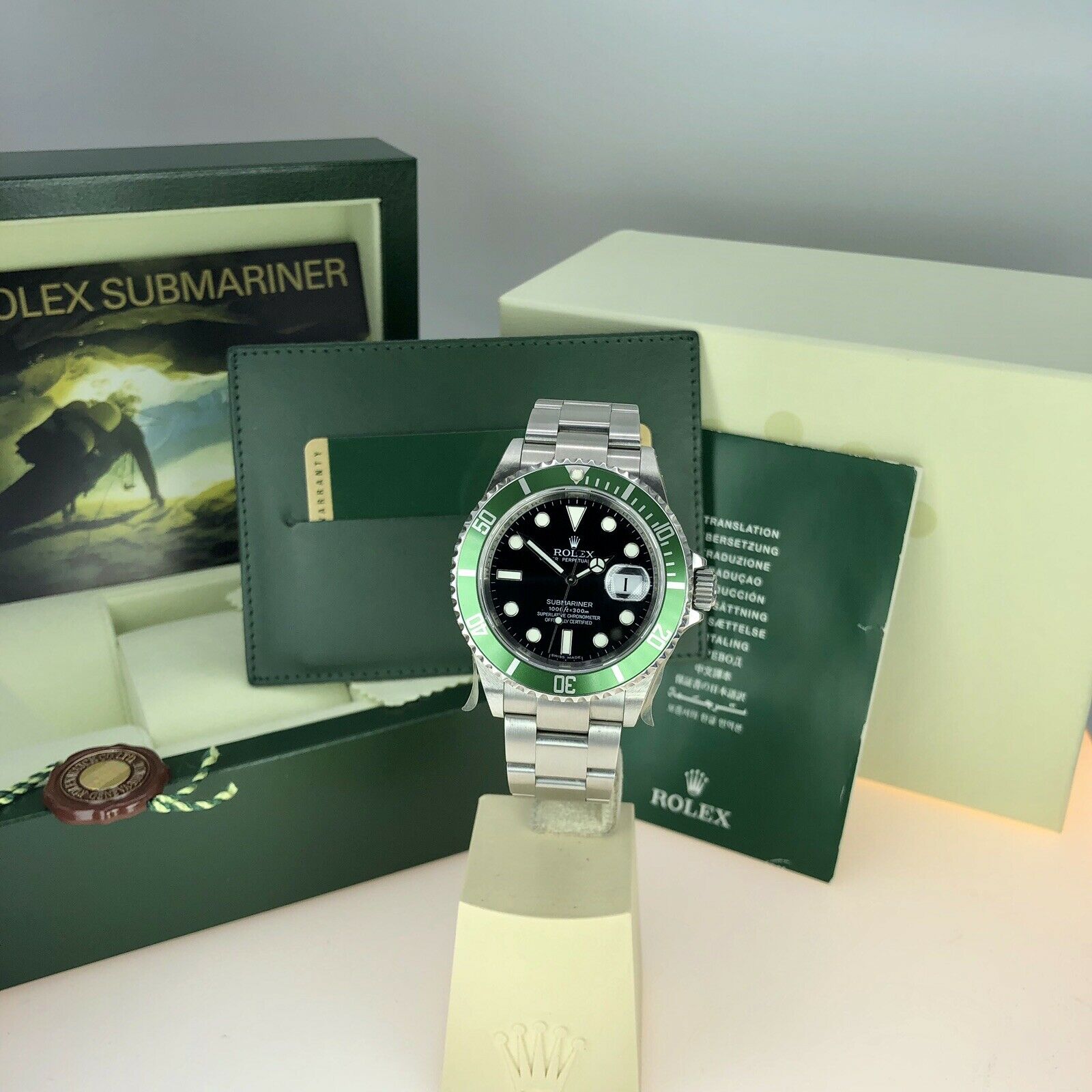 2009 NOS Rolex 16610LV Submariner Anniversary Green Kermit Full Set Card V